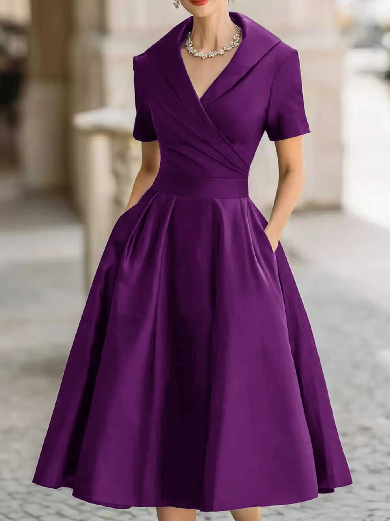French Fashion Chic Solid Deep V Neck Midi Dress, Elegant Slim-Fit Long Sleeve Pockets Design, All-Season Party Casual Wear