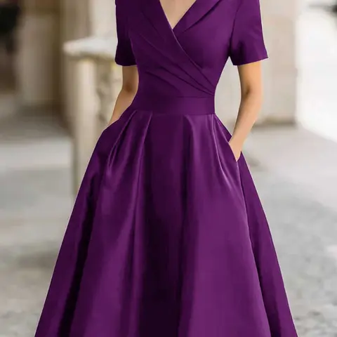 French Fashion Chic Solid Deep V Neck Midi Dress, Elegant Slim-Fit Long Sleeve Pockets Design, All-Season Party Casual Wear Women, Dresses For Party