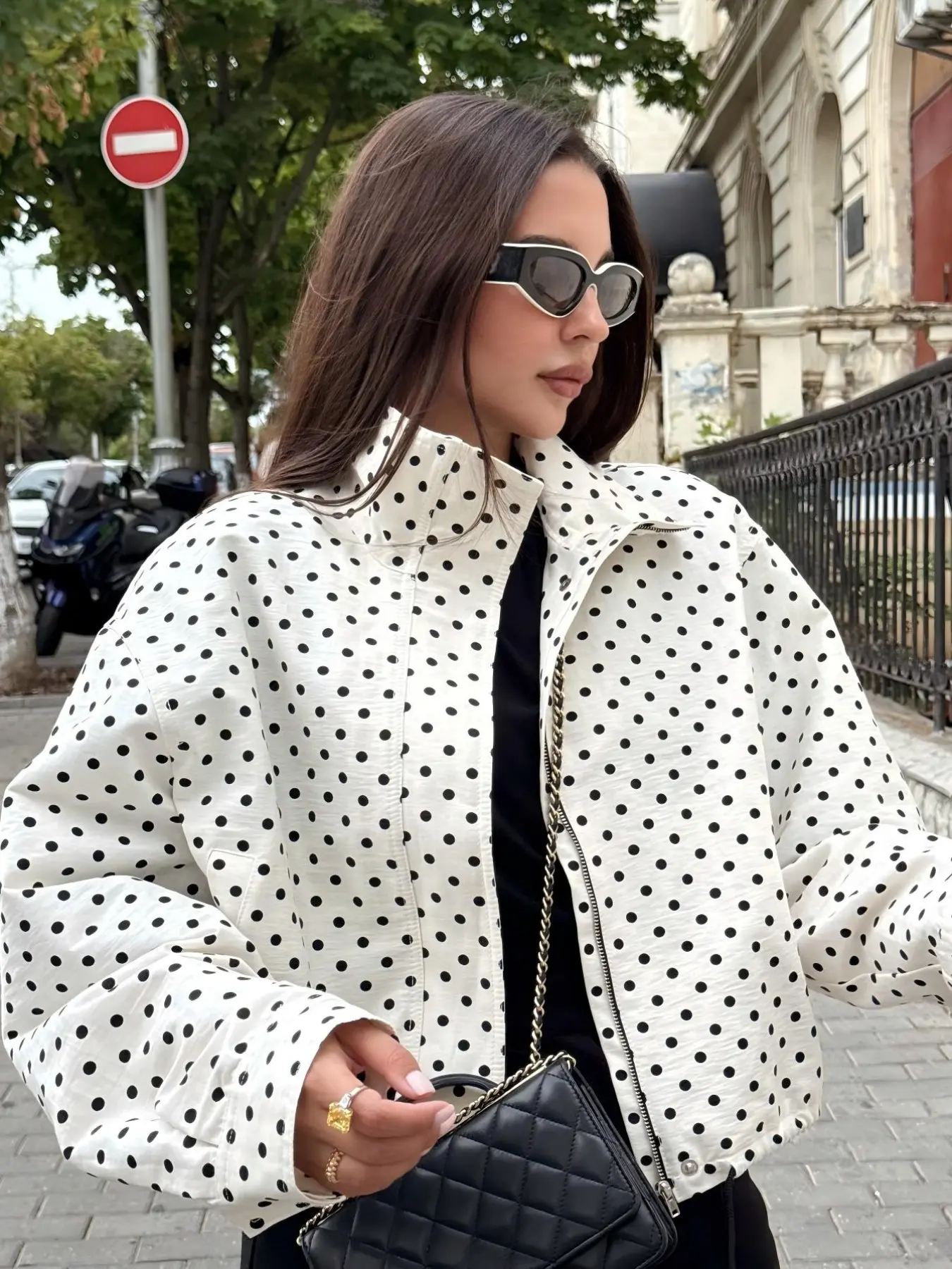 Women's Spring Summer Fall Fashion Polka Dot Loose Fit Lightweight Jacket with Pockets, Daily Wear Jackets, Stylish Outerwear, Vintage Elegant Casual Coat, High Neck Drawstring Pocket Short Outerwear Tops