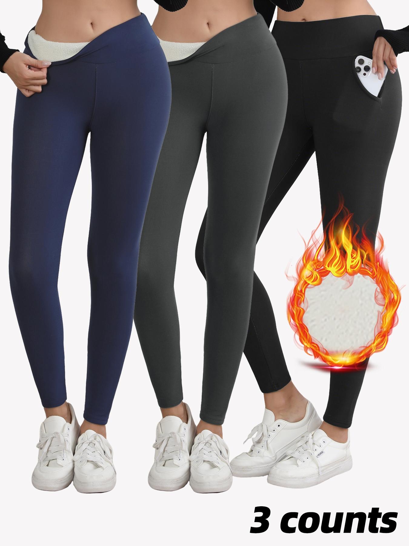 Women's Solid/Letter Embroidery Pocket Sports Leggings, Thermal Lined High Waist Skinny Pants, Ladies Warm Sportswear for Yoga Gym Workout, Yoga Training Pants