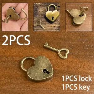 2-Pack Retro Heart Mini Locks, Keychain Drawer Locks, Door Locks for Dorms, Small Home Use, Backpack Lock Clips, Ethnic Pattern