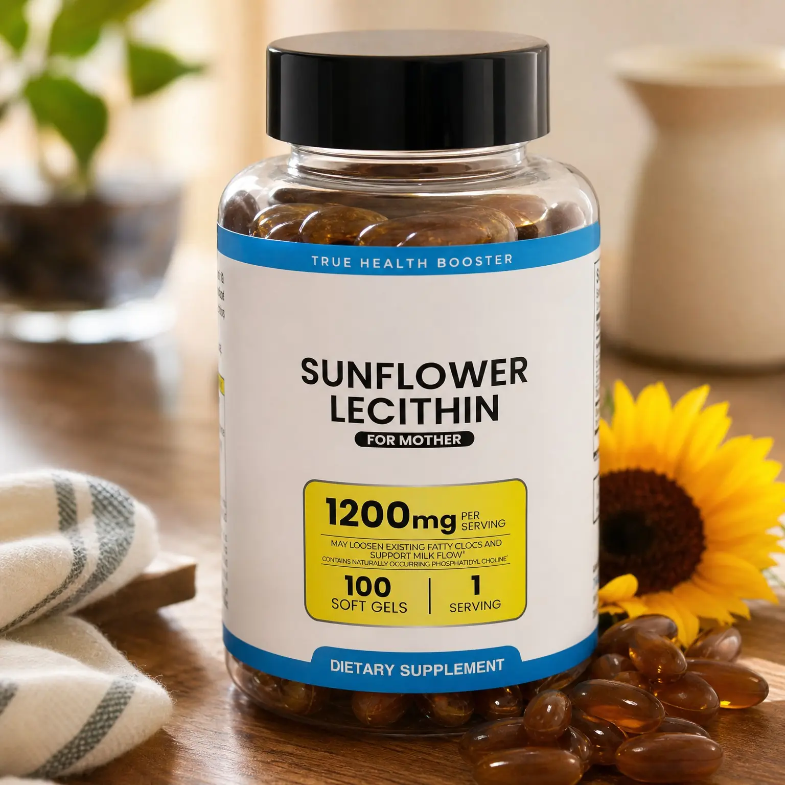 Organic Sunflower Lecithin 1200mg – Breastfeeding Supplement for Moms Supports Milk Flow & Clogged Duct Relief – Brain & Liver Health – Soy-Free, Non-GMO – 100 Softgels(Gift)
