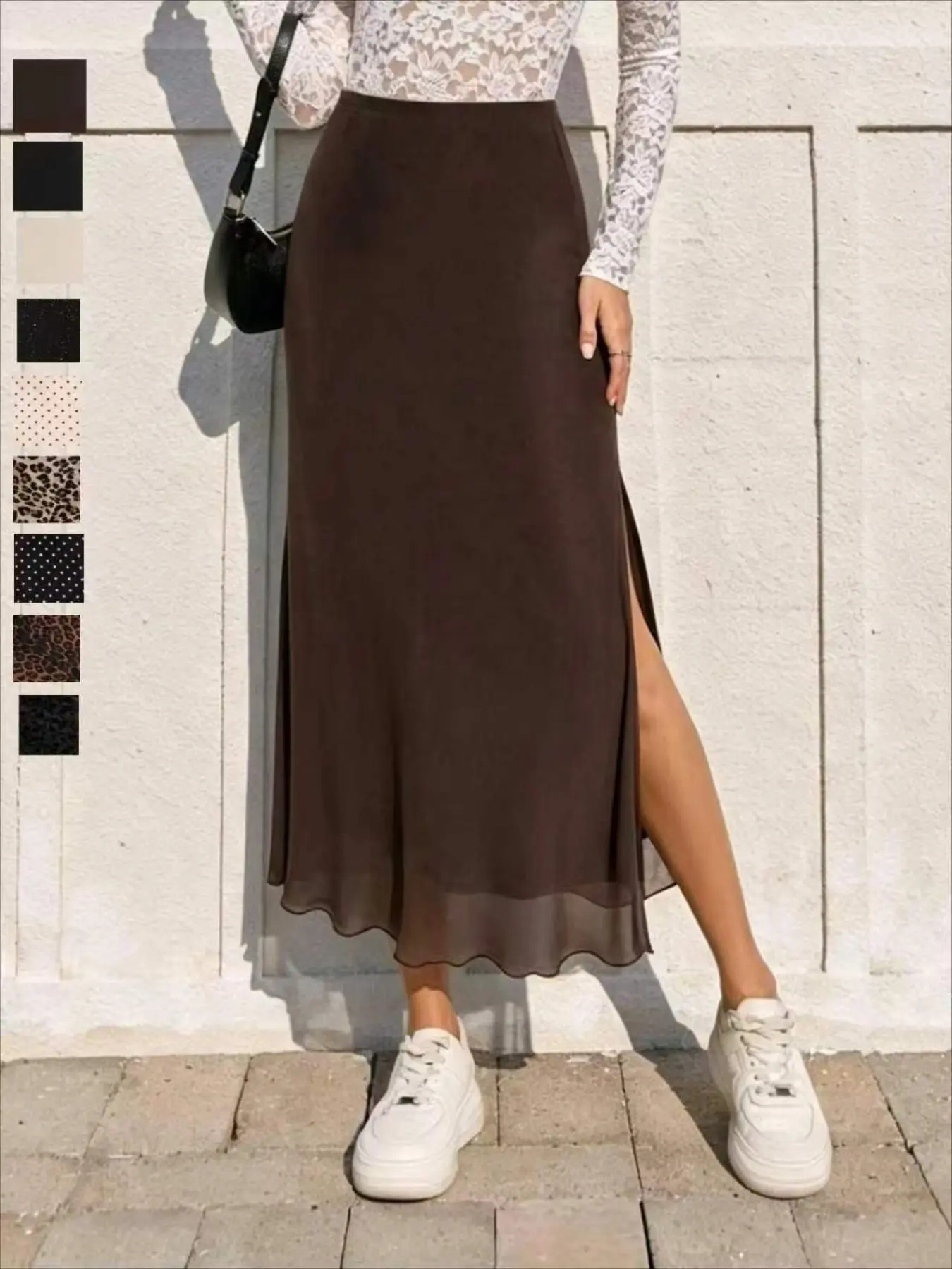 Fashionable New Women's High Waist Side Split Summer Mesh Skirt, Fabric, Casual Commute Versatile Midi Skirt, Elastic Waist Bodycon Fit Half Skirt, Bottoms