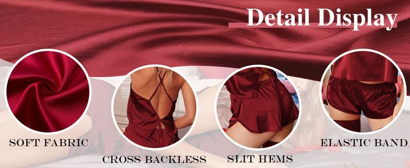 THE WELL KEPT Silk Pajamas Set for Women Satin Backless Lingerie Pjs Cami Top and Shorts Nightwear Women's Deep Plus Size Lace Corset