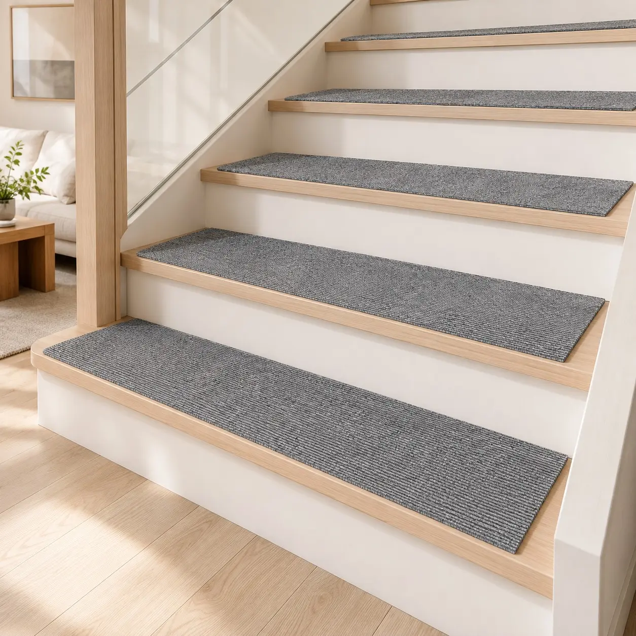 Self-Adhesive Stair Treads Carpet,Cut-to-Fit Non-Slip Stair Mats, Ribbed Indoor Step Covers for Wooden Stairs, Easy to Install and Trim
