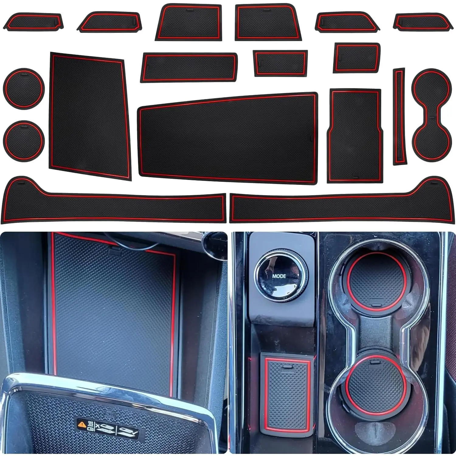 Custom 17-Piece Rubber Print Center Console Liner Set for Chevrolet Equinox 2025-2026, Non-Slip Dust-Resistant Interior Accessories Including Cup Holder Mats, Door Slot Pads & Coaster Trims (Red), 17 Pieces, Custom Set
