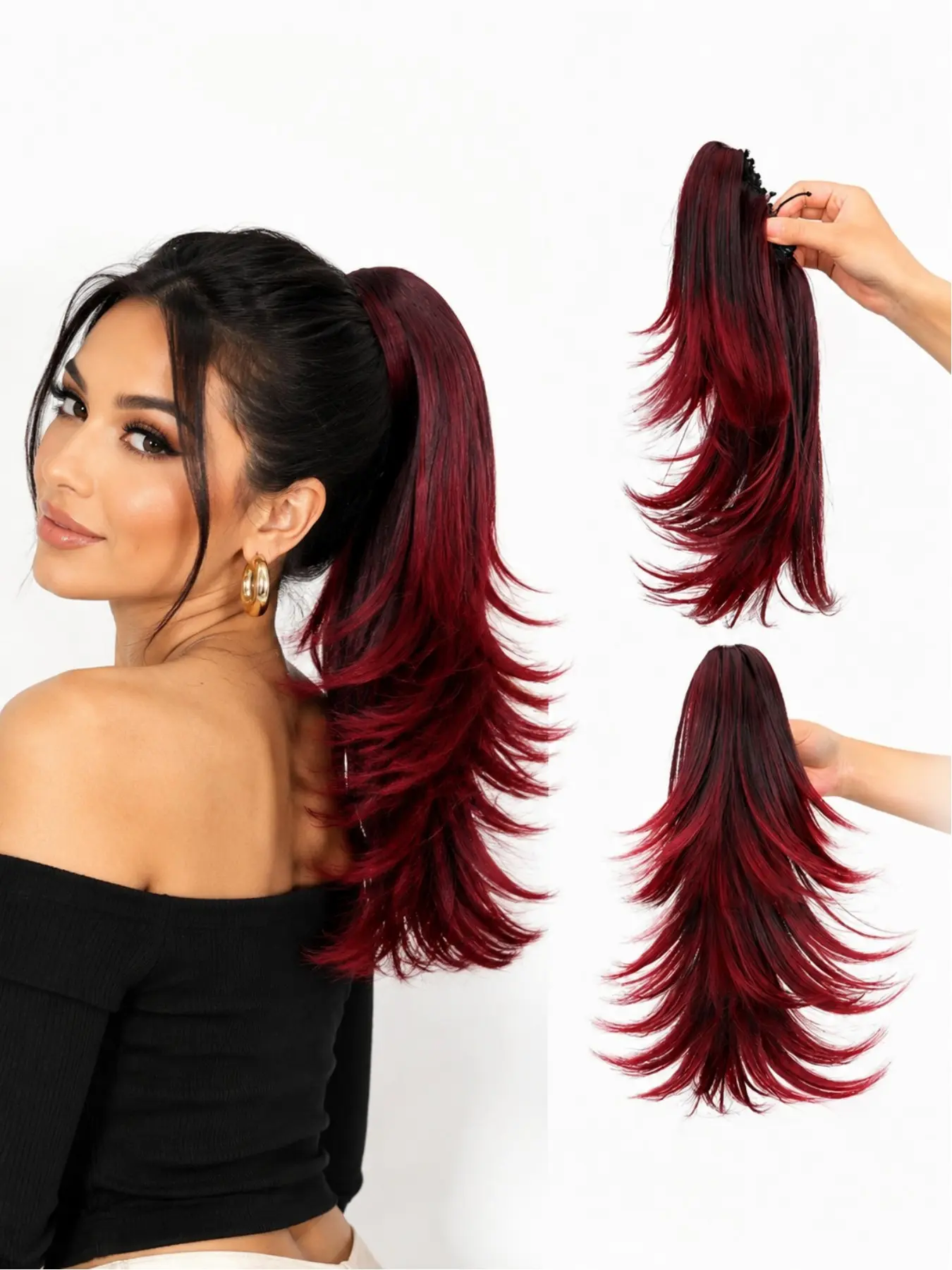 Synthetic fiber clip-in ponytail extensions, 14-inch wavy hair pieces, layered design for a full, textured look