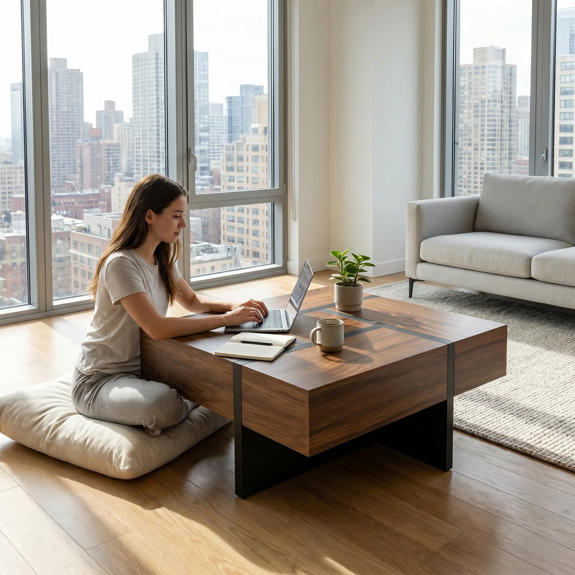 Square Walnut Coffee Table with 4 Hidden Storage for Living Room, Square Coffee Table with Sliding Expandable Tabletop, Modern Wood Grain Center Table for Living Room, Apartment, Small Space