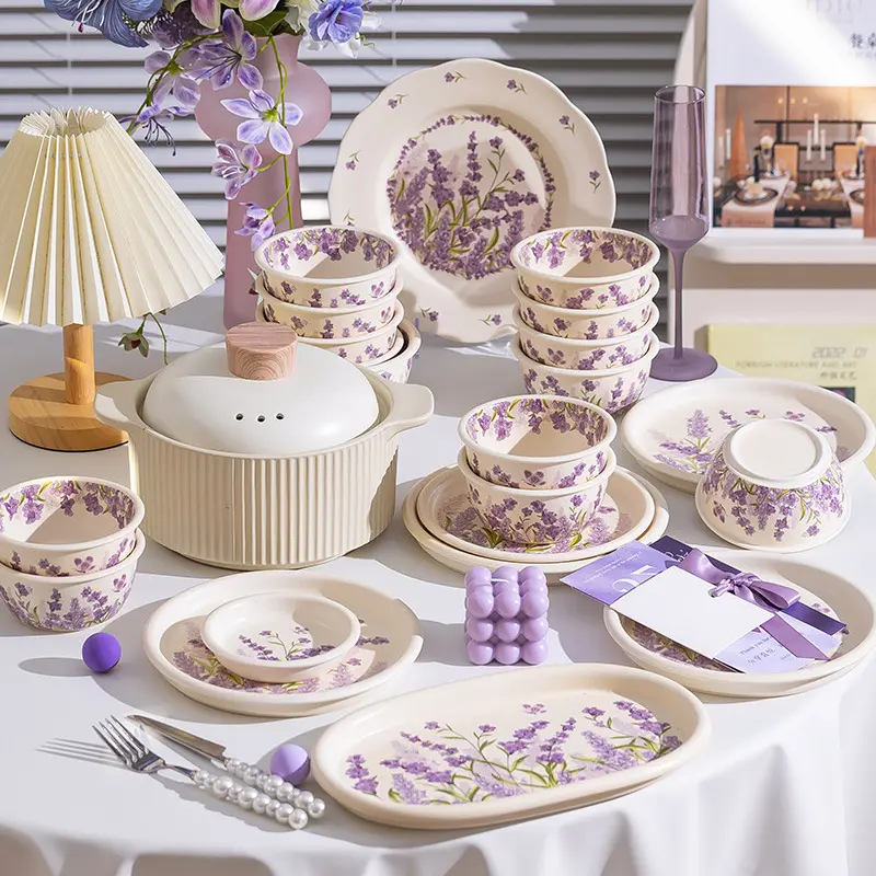 Vintage Lavender Underglaze Ceramic Bowl and Plate Tableware Set, Hand-Painted Farmhouse Dinnerware, Microwave-Safe Bowls Plates Dishes for Home & Festive Use