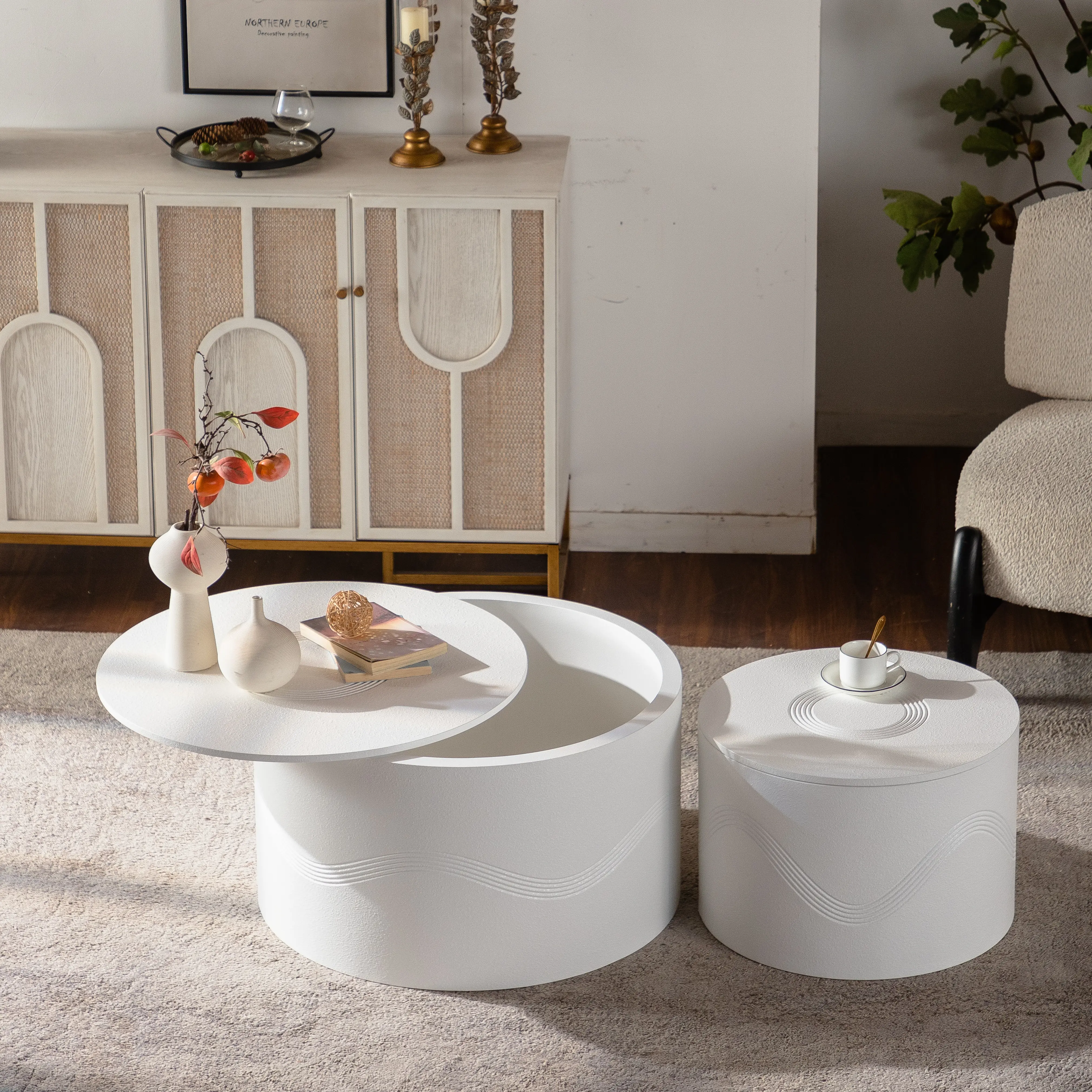 ARCH Set of 2 White Round Coffee Tables with Hidden Storage Modern Wavy MDF Painted Accent Tables 26.77in/19.69in for Small Spaces Living Room Bedroom Fully Assembled Nesting Side End Tables, Living Room Table for Sofa Side, Bedroom, Office