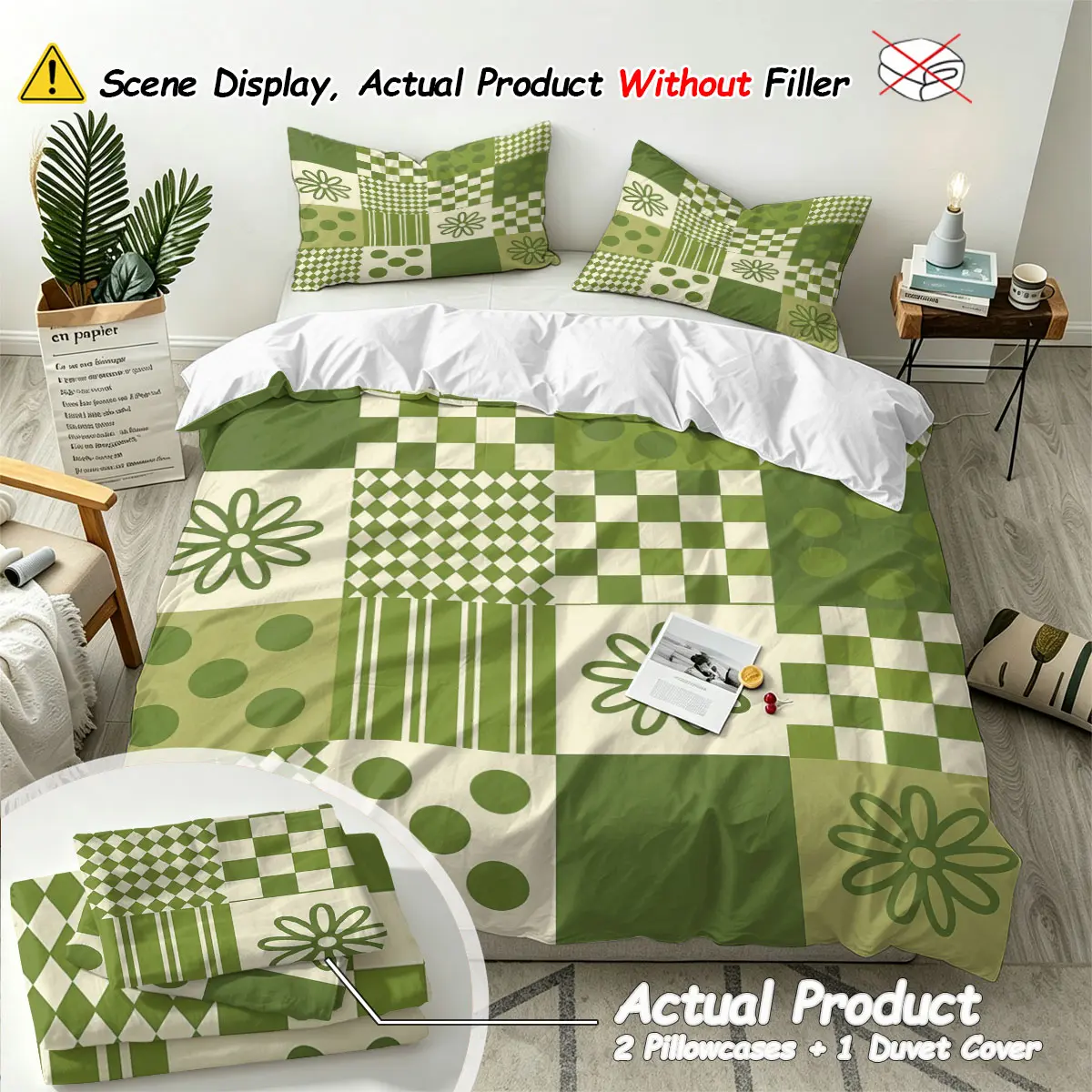 (1 Duvet Cover + 2 pillowcases, no filler),Green checkered patchwork,Multi-size Duvet Cover 3-piece set, soft skin-friendly & machine washable, all-season bedding for home decor, perfect gift choice for bedroom