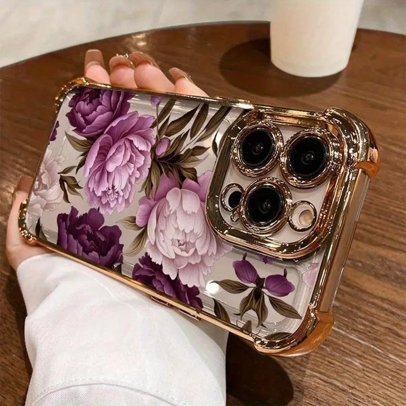 Purple Peony Pattern, Four-corner Electroplating Anti-drop, Non-slip TPU Full-cover Lens Mobile Phone Protective Case, Suitable for IPhone 17 16 15 14 13 12 11 XS X and Other Series Models, Can Be Given As A Gift To Friends or Family