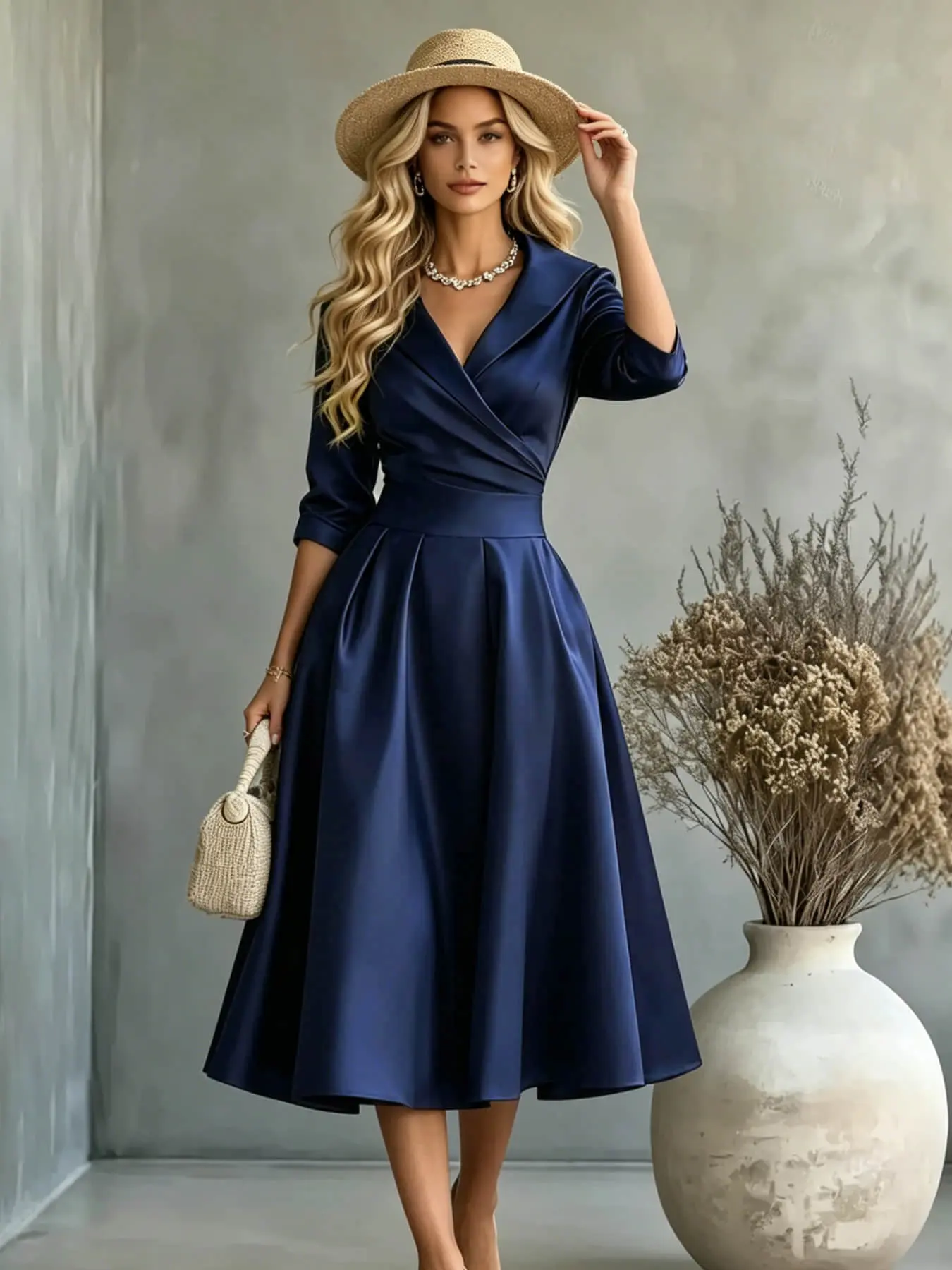 A fashionable, sophisticated, chic and elegant women's high-class lapel cross wrapped chest folded V-neck waist cinched dress, suitable for summer, suitable for coffee shop dates, cocktail parties, city travel