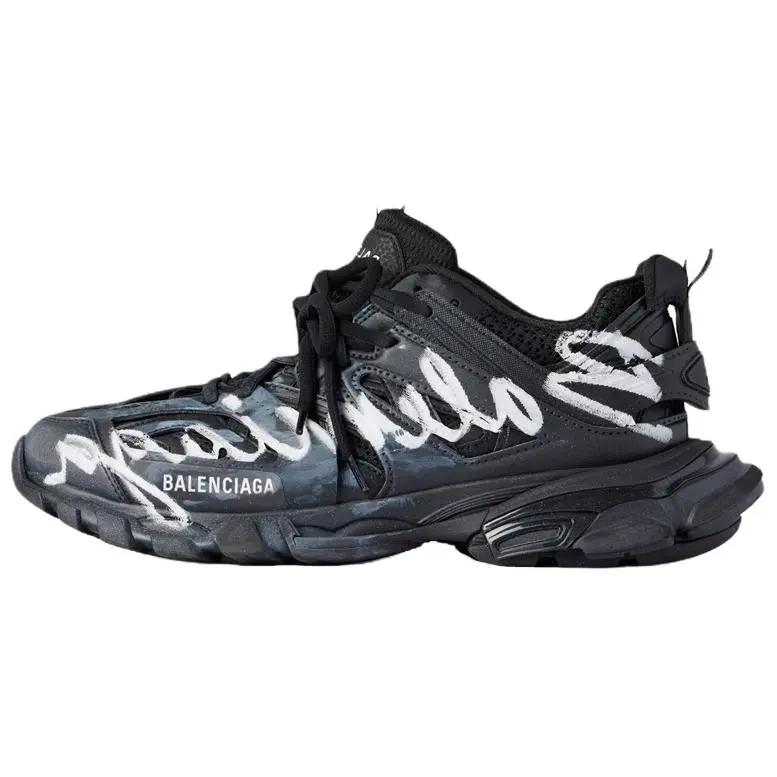 Men's Balenciaga Track Signature Closed Low-Top Lace-Up Trainer Footwear - Round-Toe Black Casual Shoes, Maison Mihara Verifiable with Credentials for Global Authentication