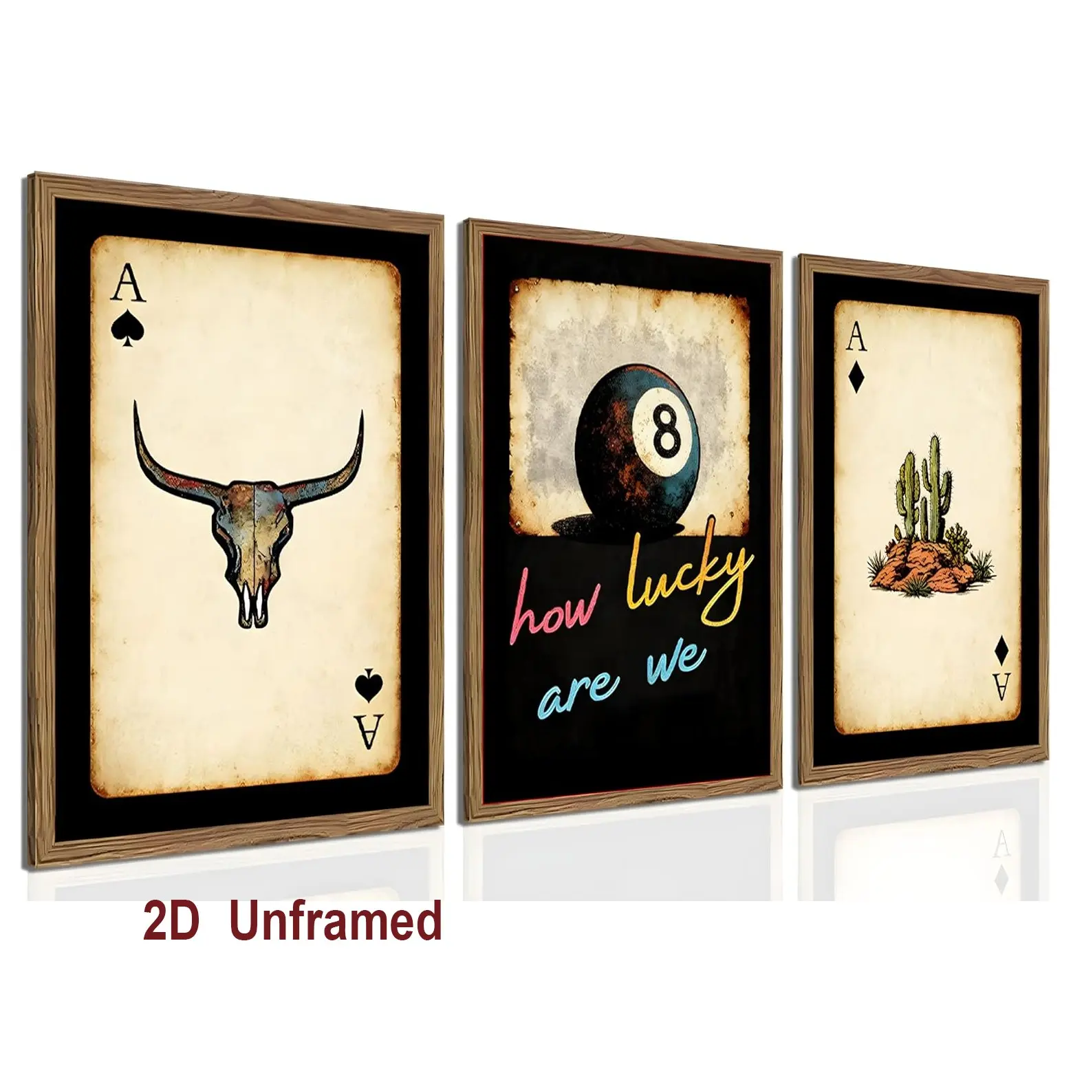 3-piece Frameless Western-style artistic wall art set: Unframed Southwest-style cowboy playing card wall decor, a longhorn skull No. 8 ball, and a “How Lucky We Are” poster canvas print—perfect for the bedroom or living room Decoration Items