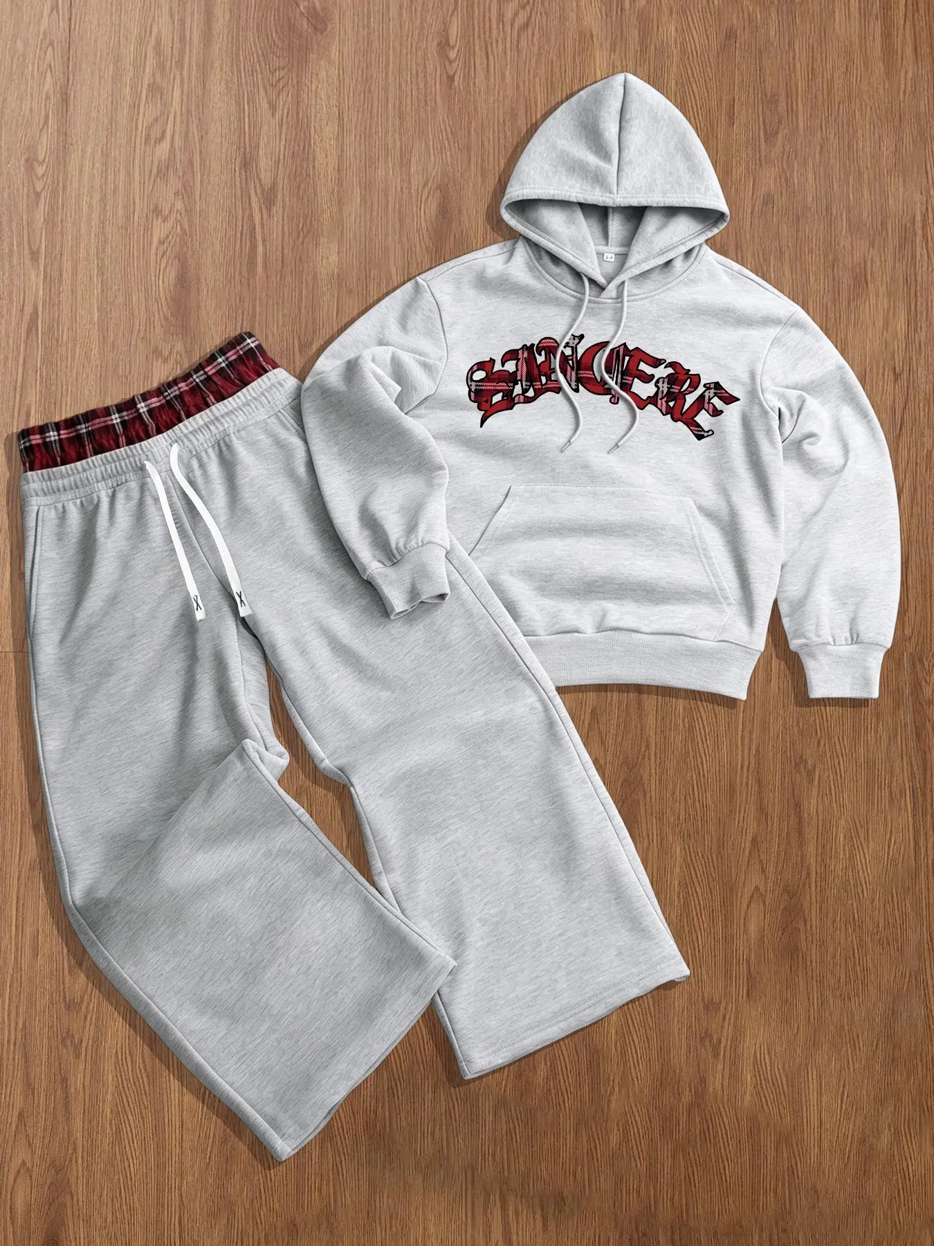 Retro Graphic Hoodie Outfit 🖤 Contrast Plaid Waist Wide Leg Pants Set | underwear for men daily fit