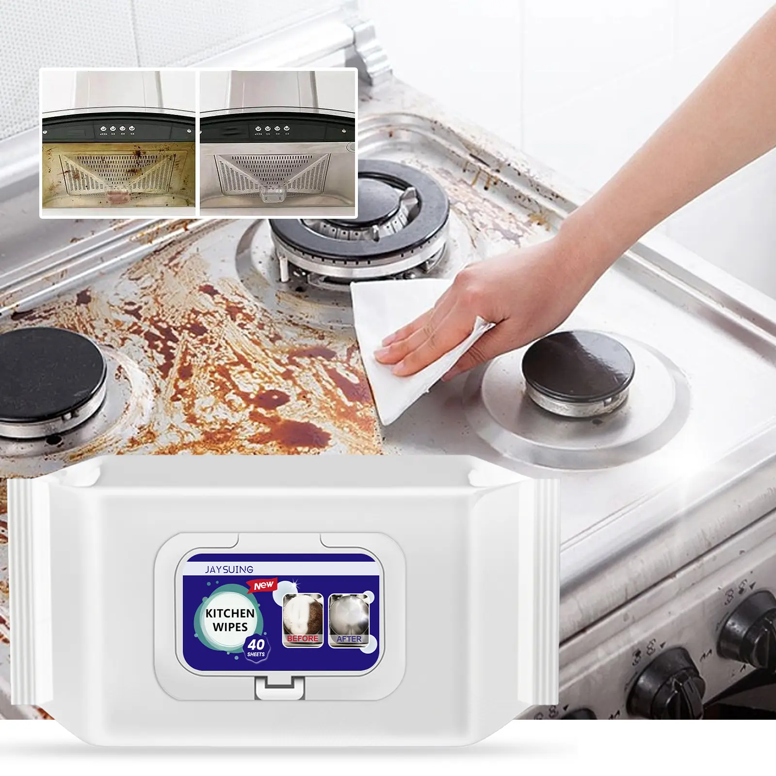 Jaysuing Kitchen Cleaning Wipes - 40 Sheets Heavy-Duty Degreaser Wipes for Stoves, Countertops, and Ovens, Fast Action Grease and Odor Remover, Skin-Friendly Formula (1-Pack)
