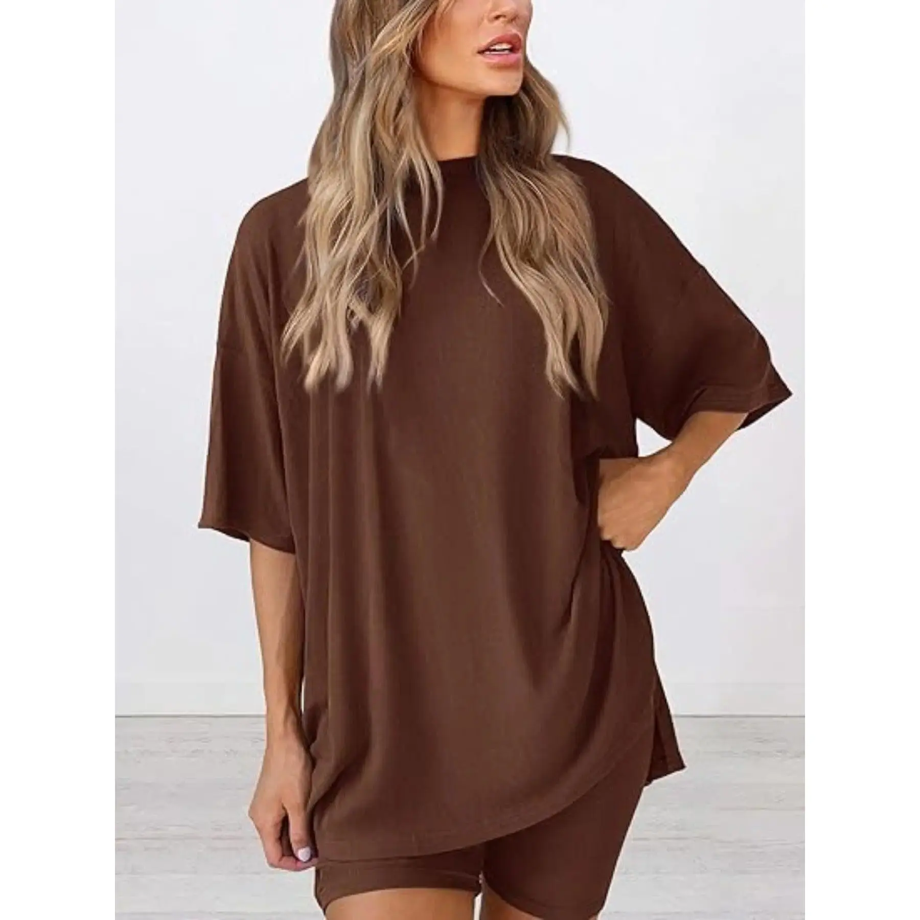 Womens Summer Solid Color Short Sleeve Pajama Sets Casual Comfort Round Neck Sleepwear Solid T Shirt and Tight Shorts Set with Pocket Design Can Be Worn Outdoor