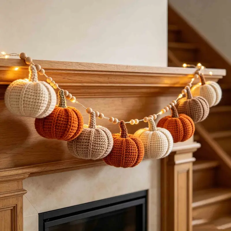 Autumn Creative Knitted Pumpkin String Light Decorative Wreath Home Fall Decor Festival Decoration Christmas Halloween Ornament