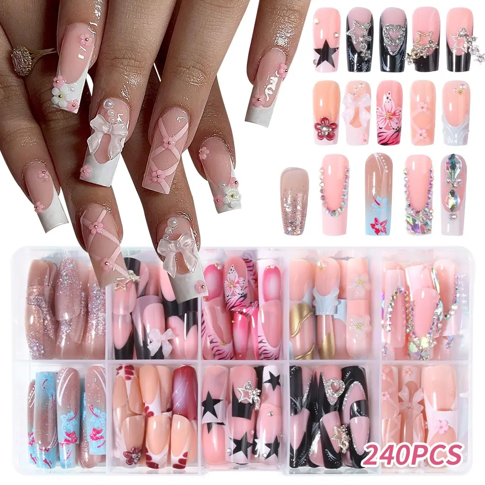 240pcs Long Square Press-On Decorative Nails Set, Bow, Rhinestone Stars, Floral, Leopard Print, Easy to Wear, Perfect for Parties
