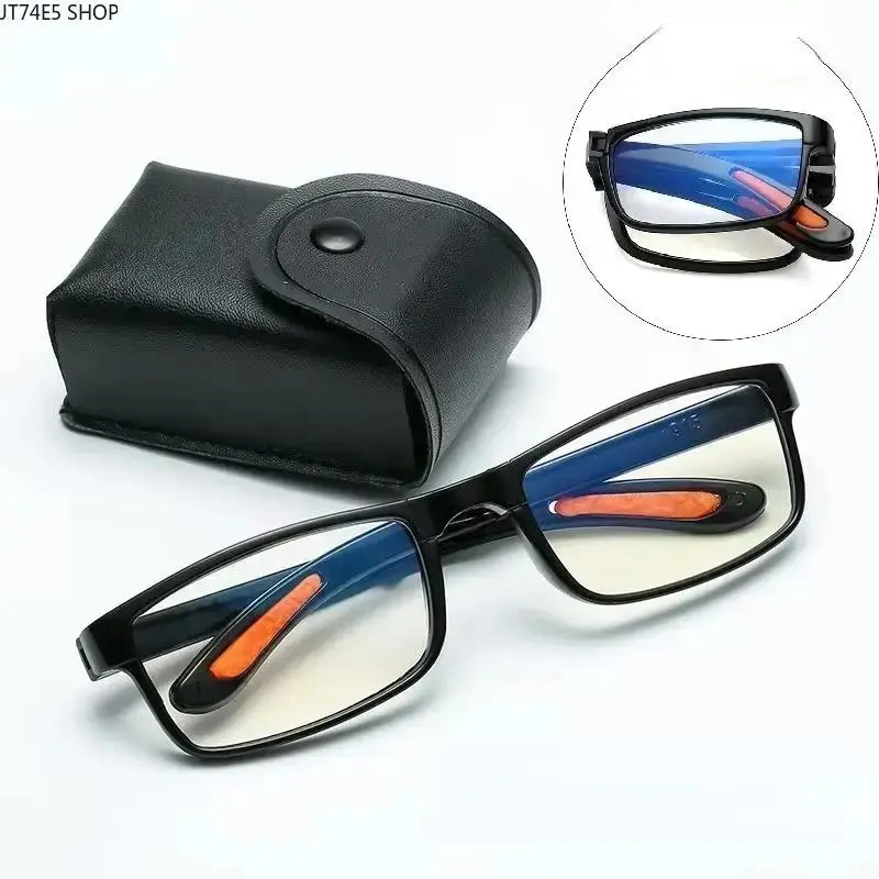 Unisex Folding Frame Anti-Blue Light Reading Glasses - Pocket Size Presbyopia Aid with Storage Case, Daily Carry Eyewear for Office/Home/Outdoors, +100 To +400