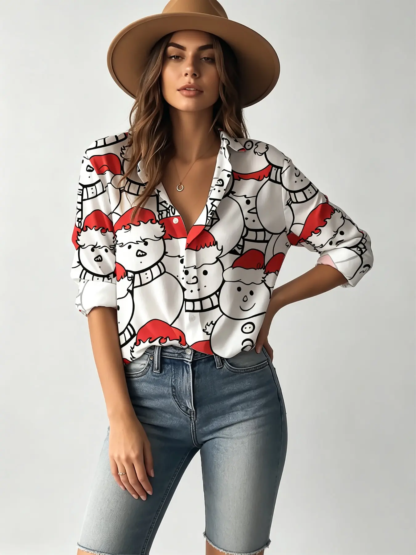 New Women's Cartoon Christmas Hat Snowman Print Blouse, Fun Hand-Drawn Winter Collar Long Sleeve Shirt, Casual Loose-Fitting Top