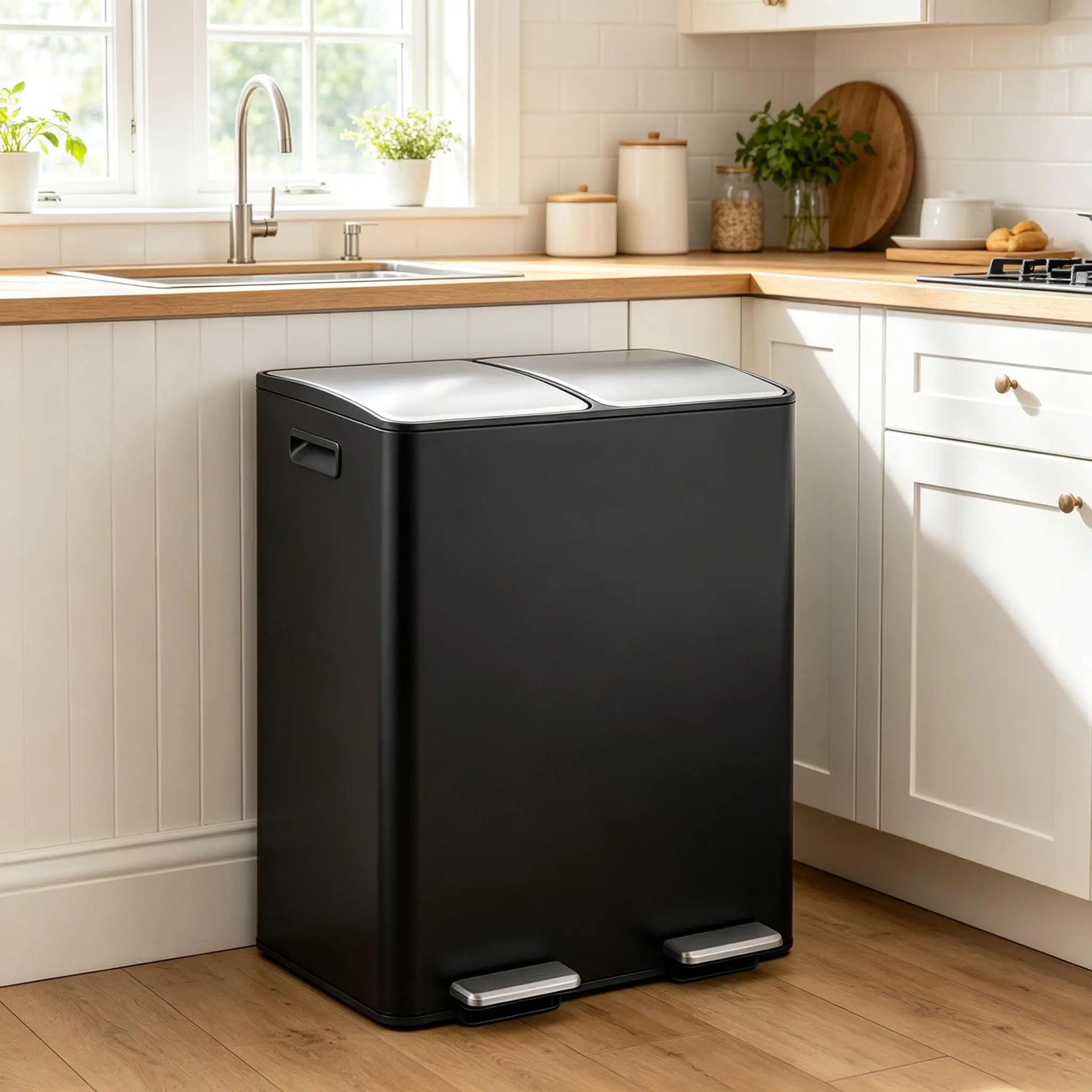 GARVEE 16 Gallon Dual Compartment Kitchen Waste Bin, Stainless Steel Step Pedal Recycling Container with Removable Inner Buckets, Fingerprint Resistant Large Double Garbage Can for Home or Office, Black