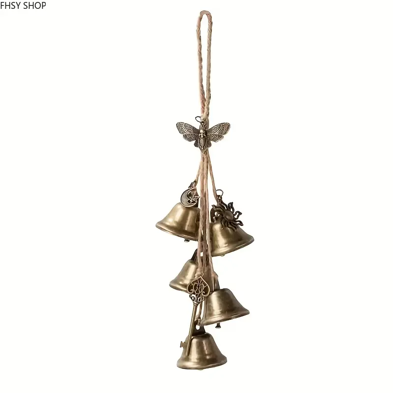 Antique Hanging Wind Bells5-Piece Butterfly Spider Pentacle Witch Bell BundleVintage Bronze Magical Energy Cleansing Charm Great for Porch Display Pagan Ritual Space Halloween Gift & Bohemian Wall Hanging Decor