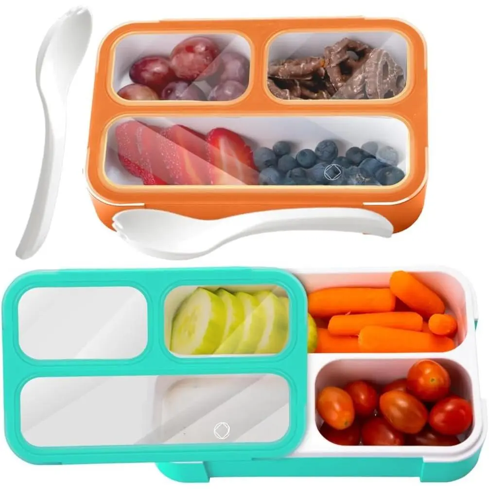 Snack Container Boxes for  , 2 Pack Teal Blue & Orange | 3 Compartments, Leak-Proof, Spill Proof,   Small Mini Bento Lunch Box for  School Travel, Holds 2 Cups