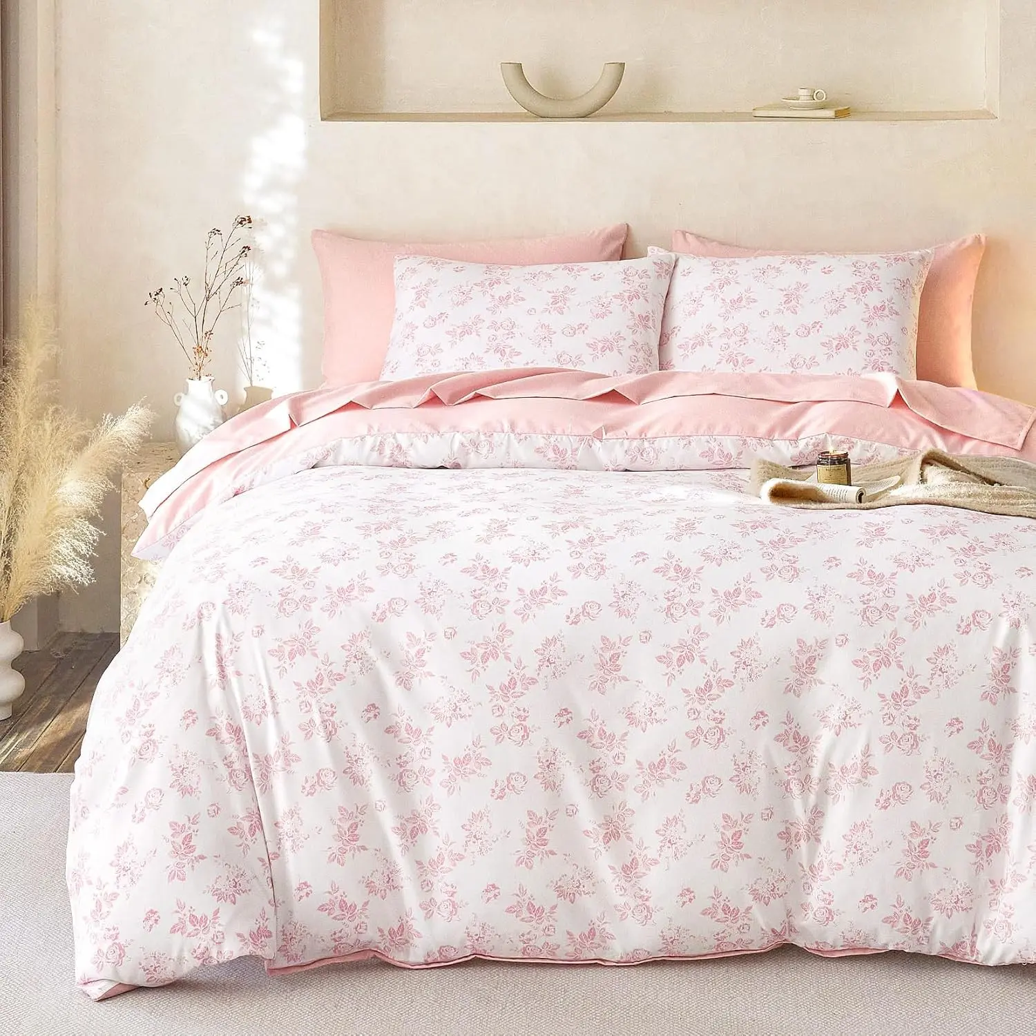 Cottagecore Comforter Set, Floral Vintage Flower Shabby Chic Coquette Aesthetic for Women Teen Girls, Soft Lightweight Dorm Bedding, 3 Pieces, Pink, Full Size