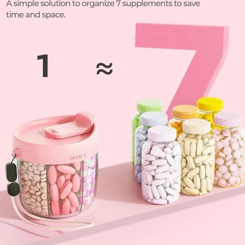 Cute Pill Dispenser with 7 Large Compartments, Portable Pill Bottle Organizer with Wide Opening for Easy Use, Anti-Mix Pill Organizer for Travel, BPA-Free Pill Container, Pink Healthcare Organizer with Times a Day Weekly stick-on label Capsule