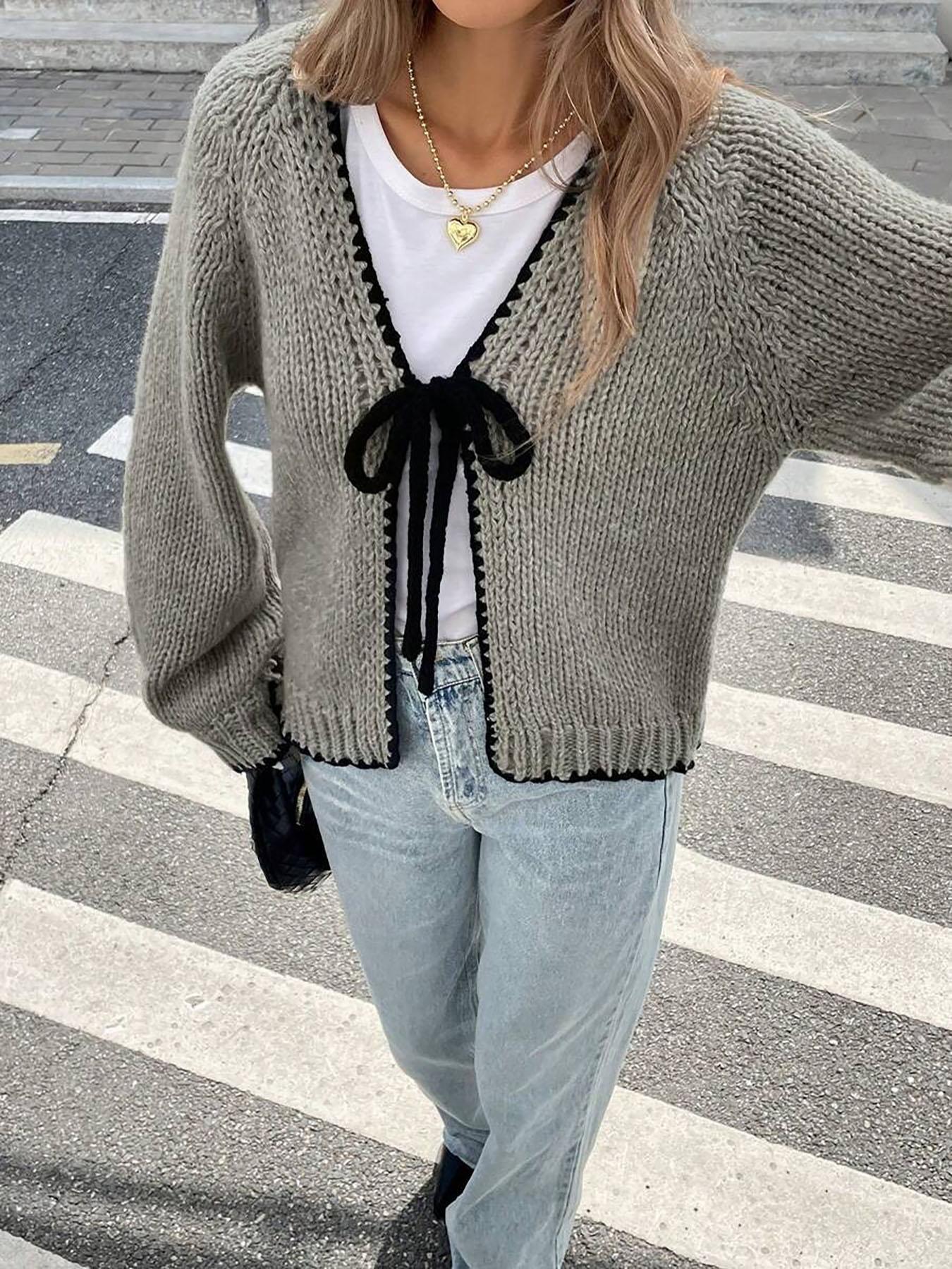 New Contrast Color Knitted Cardigan with Self-Tie Long Sleeves, Stylish Casual Knit Sweater Jacket for Women, Unique Design for Everyday Looks