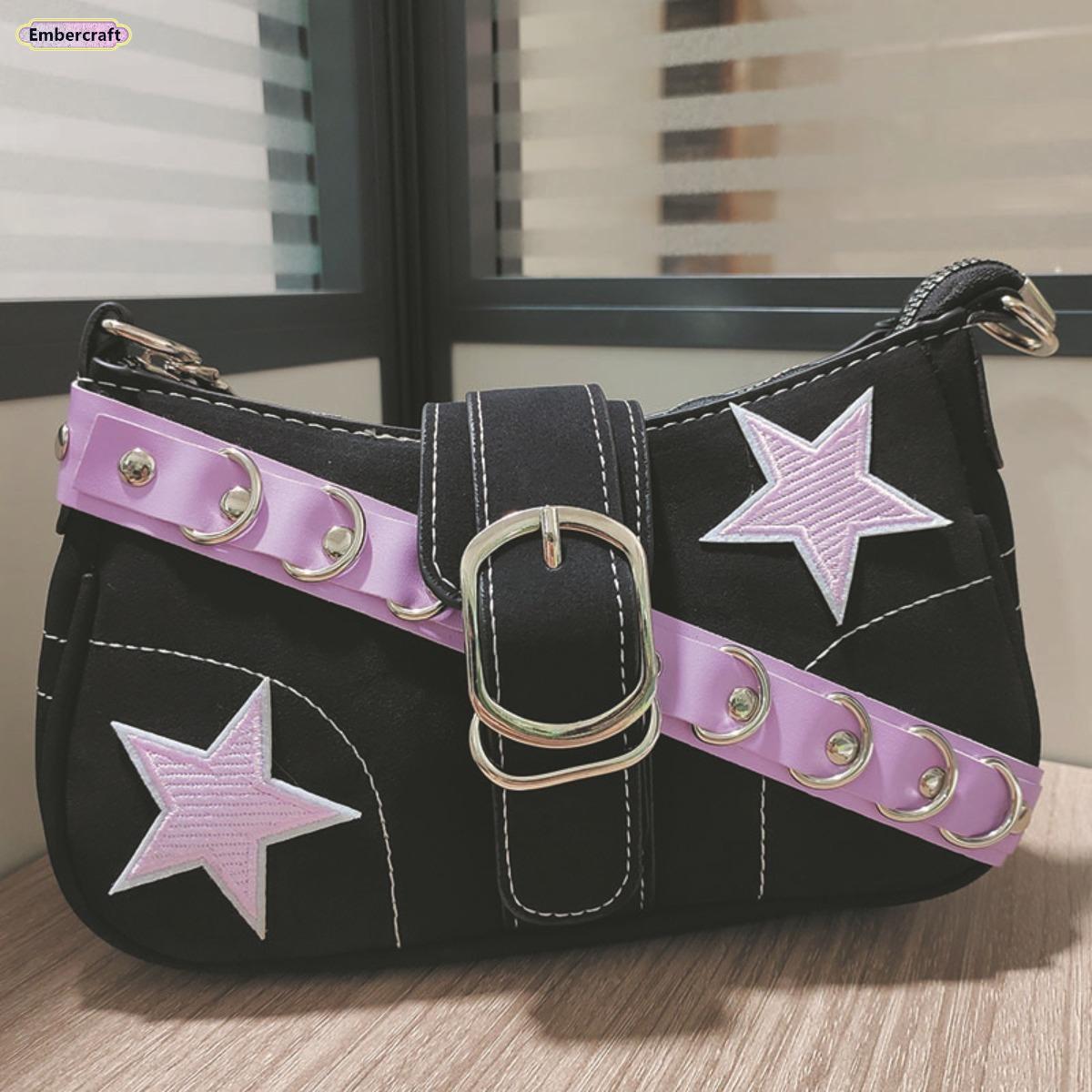 Pink Star Baguette Shoulder Bag for Women, Trendy Y2K PU Leather Handbag, Cute Color Block Mini Shoulder Bag for Party, Street Style, Shopping and Daily Wear Pink Star Baguette Shoulder Bag for Women, Trendy Y2K PU Leather Handbag, Cute Color Block Mini Shoulder Bag for Party, Street Style, Shopping and Daily Wear