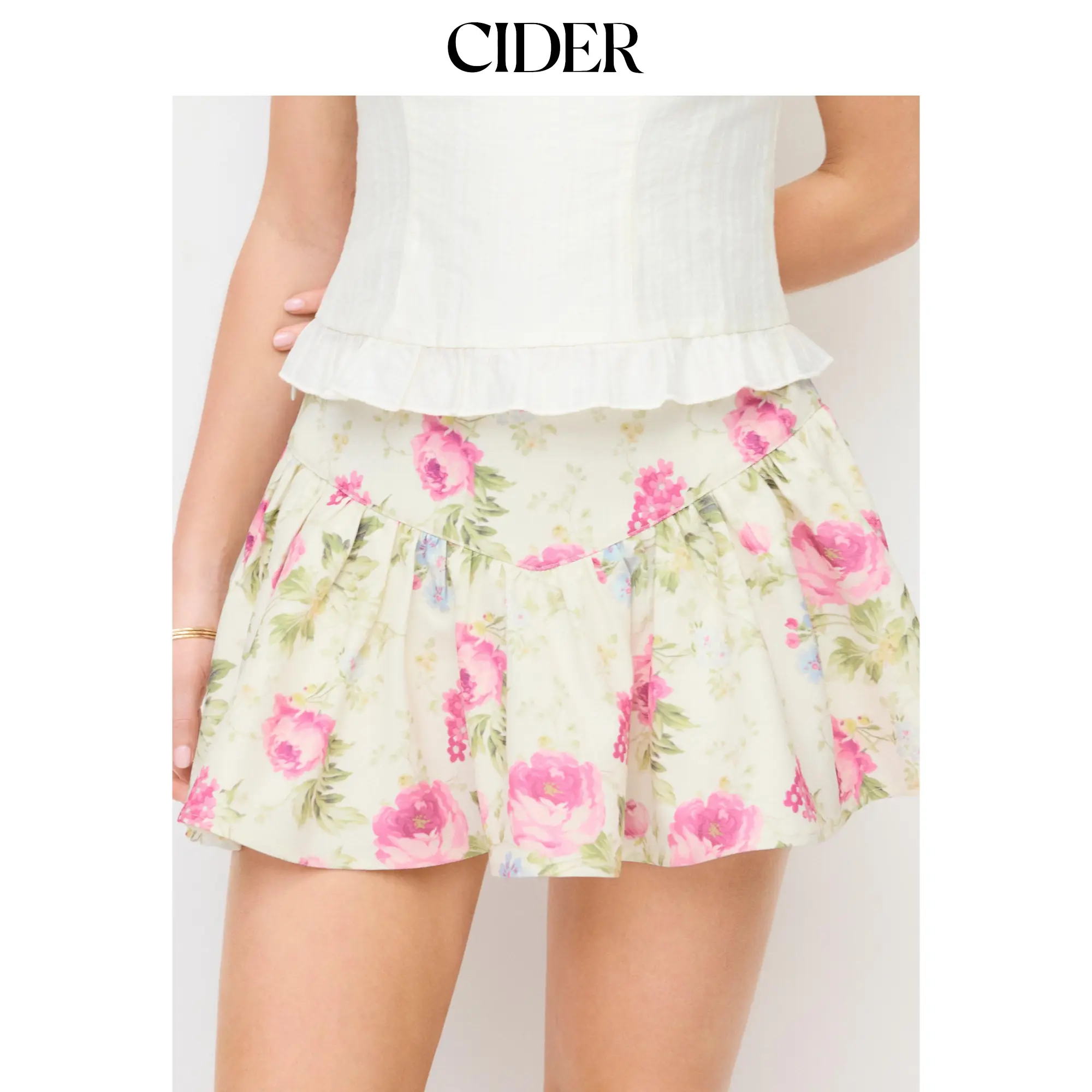 Cider Textured Floral Ruffled Low Rise Flared Mini Skirt