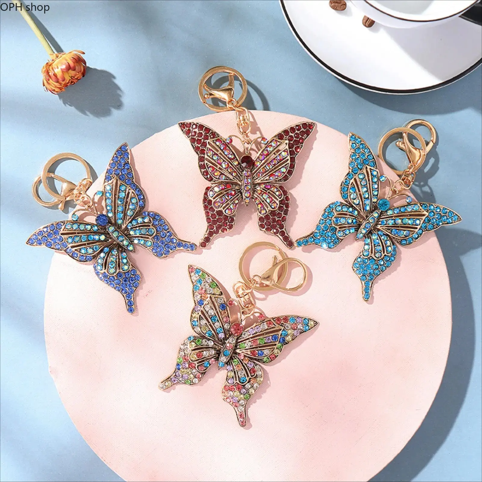 Butterfly Keychain with Colorful Rhinestones, Hollow Metal Fashion Bag Charm, Pendant Jewelry Gift for Women