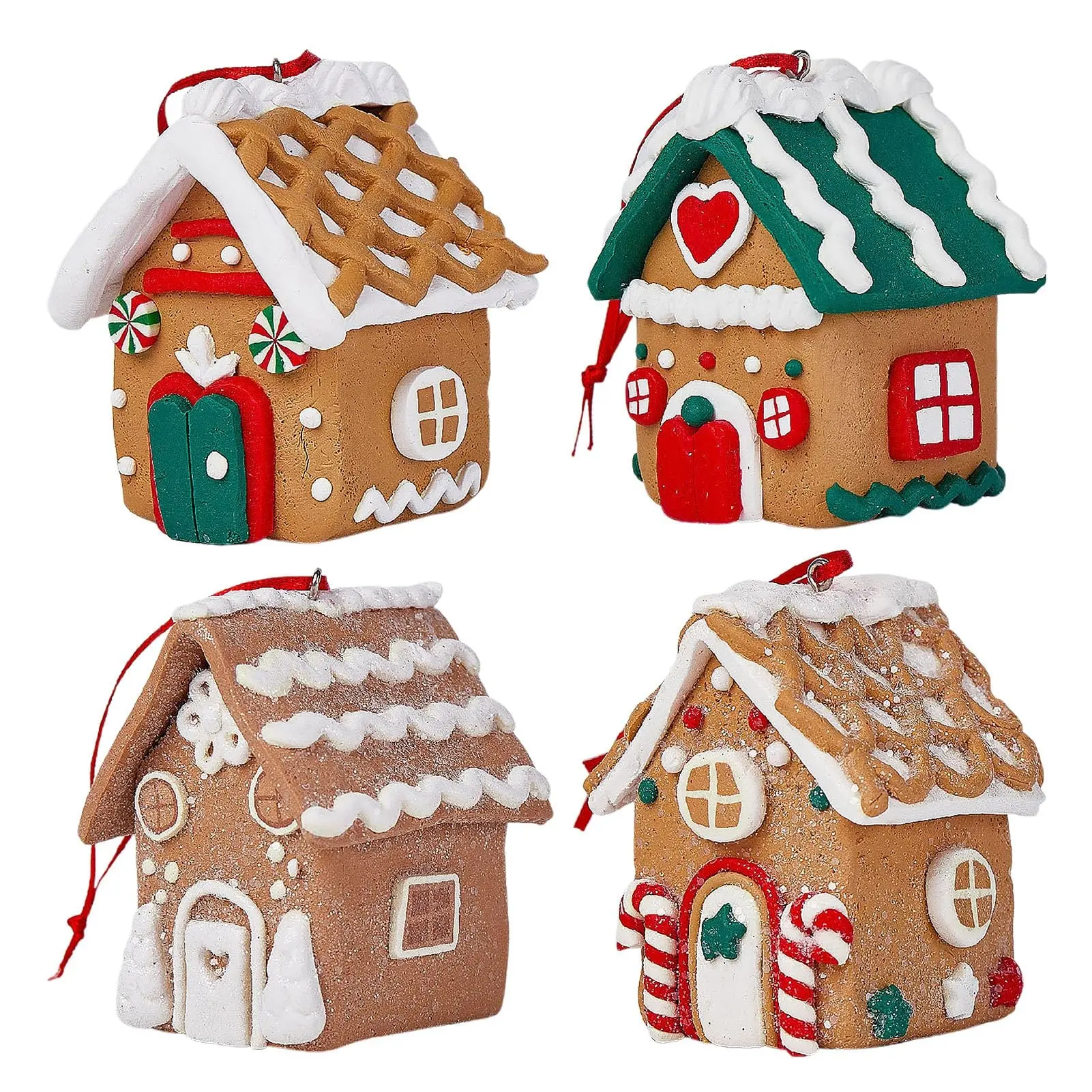 3pcs Pastel Candy Gingerbread House Ornaments, Nordic Soft Clay, Hanging Design with Rope, Christmas Tree Decor, Holiday Party Essentials