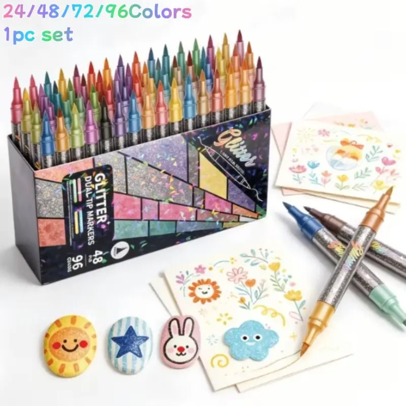 24/48/72/96 Color Dual Tip Glitter Markers, Metal Glitter Fine Point Watercolor Pens, Glitter Metallic Marker, Dual End Marker, Ideal for Crafts, Greeting Cards, Birthday Cards, Mugs, Wood Decorations, Sketching, Professional Art Use