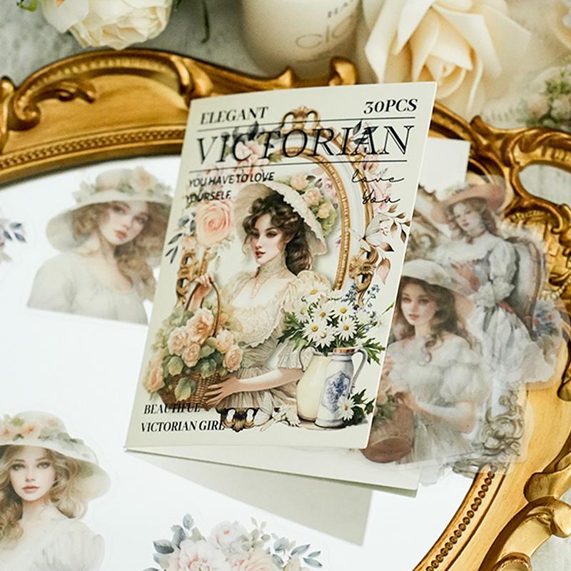 Vintage Girl Pattern Stickers, 30 Sheets/Pack PET Waterproof Self Adhesive Material Sticker, Scrapbook Decorative Stickers