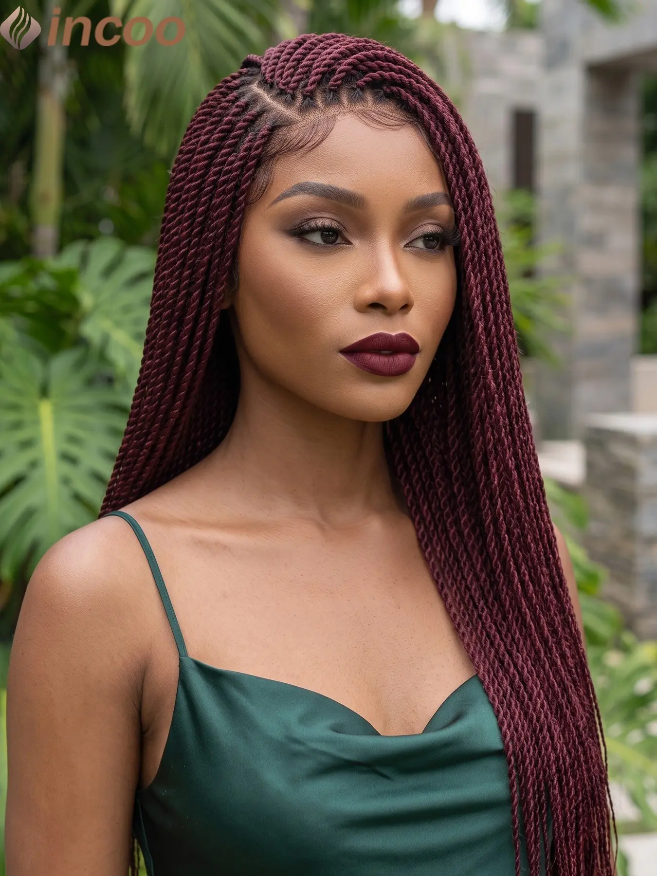 26Inch Twist Braided Wigs For Black Women Color T1B/Burgundy Senegalese Twist Box Braided Wig Synthetic Full Lace Front Braids Goddess Locs Twist Braided Beginner-friendly Afro Passion Twist Braided Wig Distressed Knotless Braided Handmade Braided Wig