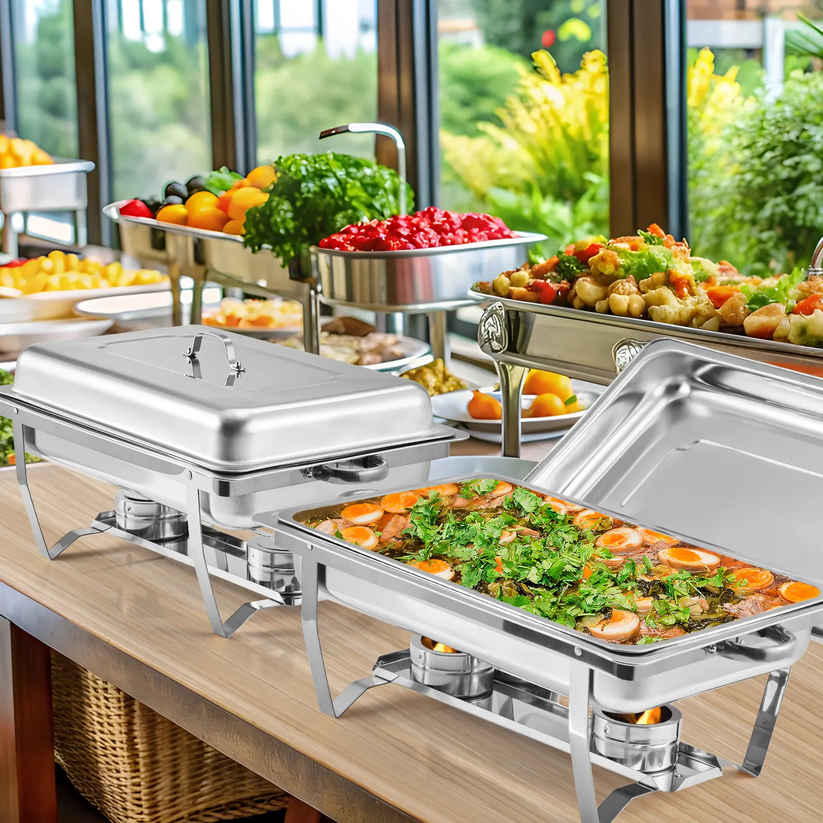 8 Qt Stainless Steel Rectangular Chafing Dish Set for Buffet - Includes Lids, Full-Size Pans & Fuel Holders - Catering Food Warmers for Parties, Weddings & Banquets - Gold, Set of 4