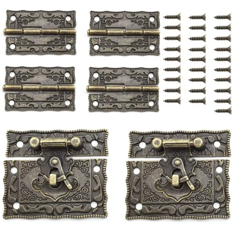 Antique Bronze Rectangle Right Hook Hasp Latch and Engraved Hinge Kit, Vintage Style Furniture Decor, 2 Hasps + 4 Hinges