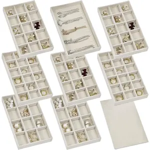 Set of 8 Stackable Jewelry Organizer Trays with 1 Lid for Drawer & Dresser Organizer, Adjustable Velvet Jewelry Box Tray Earring Organizer Necklace Storage Ring Bracelet Display Case (Beige)Gift.