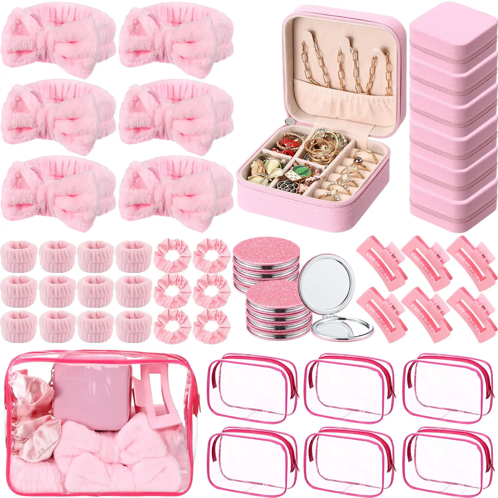 48 Pcs Sleepover Party Supplies Kit Bridesmaid Proposal Gifts Slumber Birthday Spa Party Favors Bow Headband Scrunchies Jewelry Case Makeup Bag Mirror for Gifts