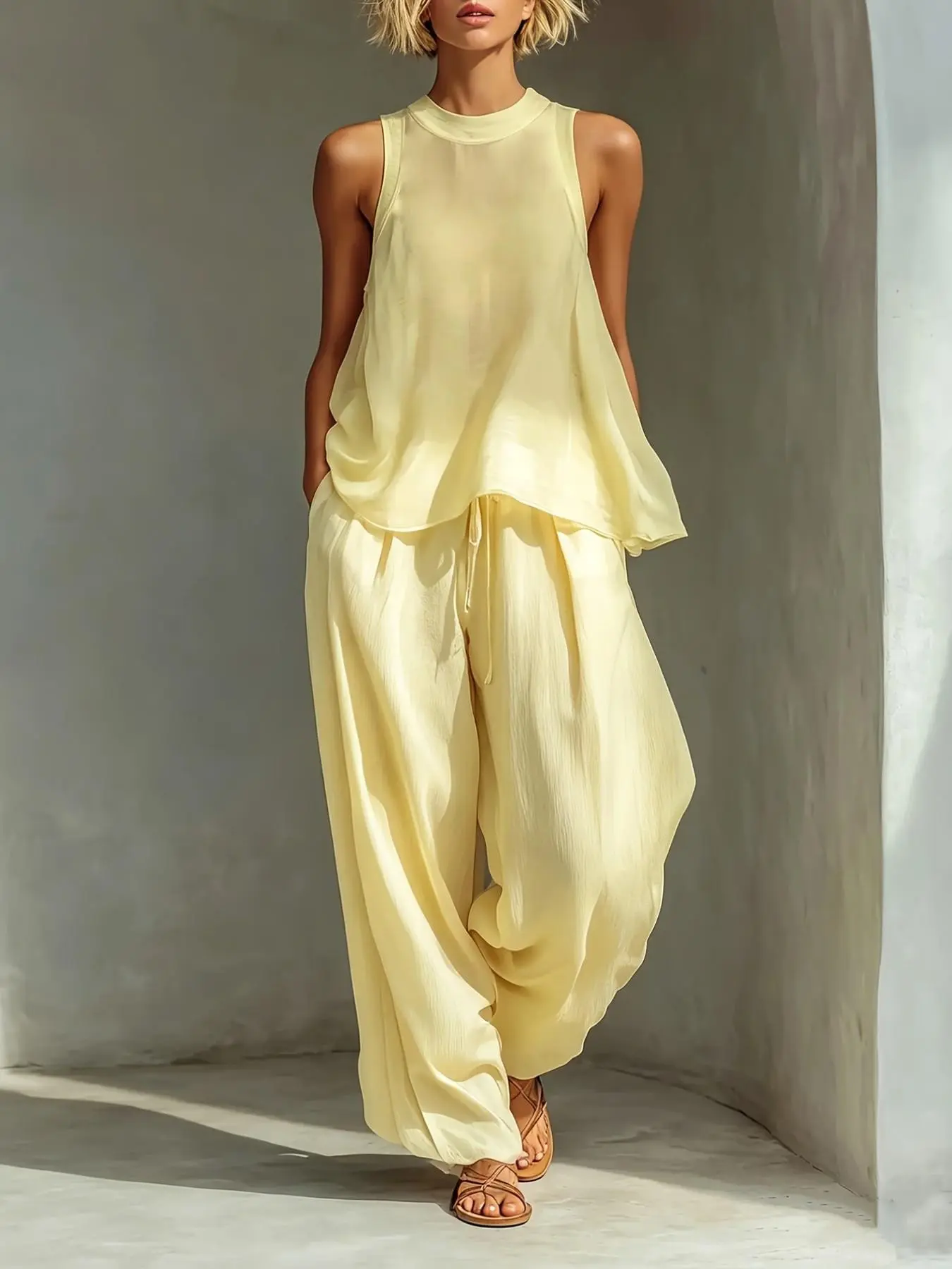 Elegant Solid Color Top with Drawstring Wide Leg Pants Set, Women's Two-Piece, Casual Fashion Ensemble, No Underwear Included, Summer Matching Set