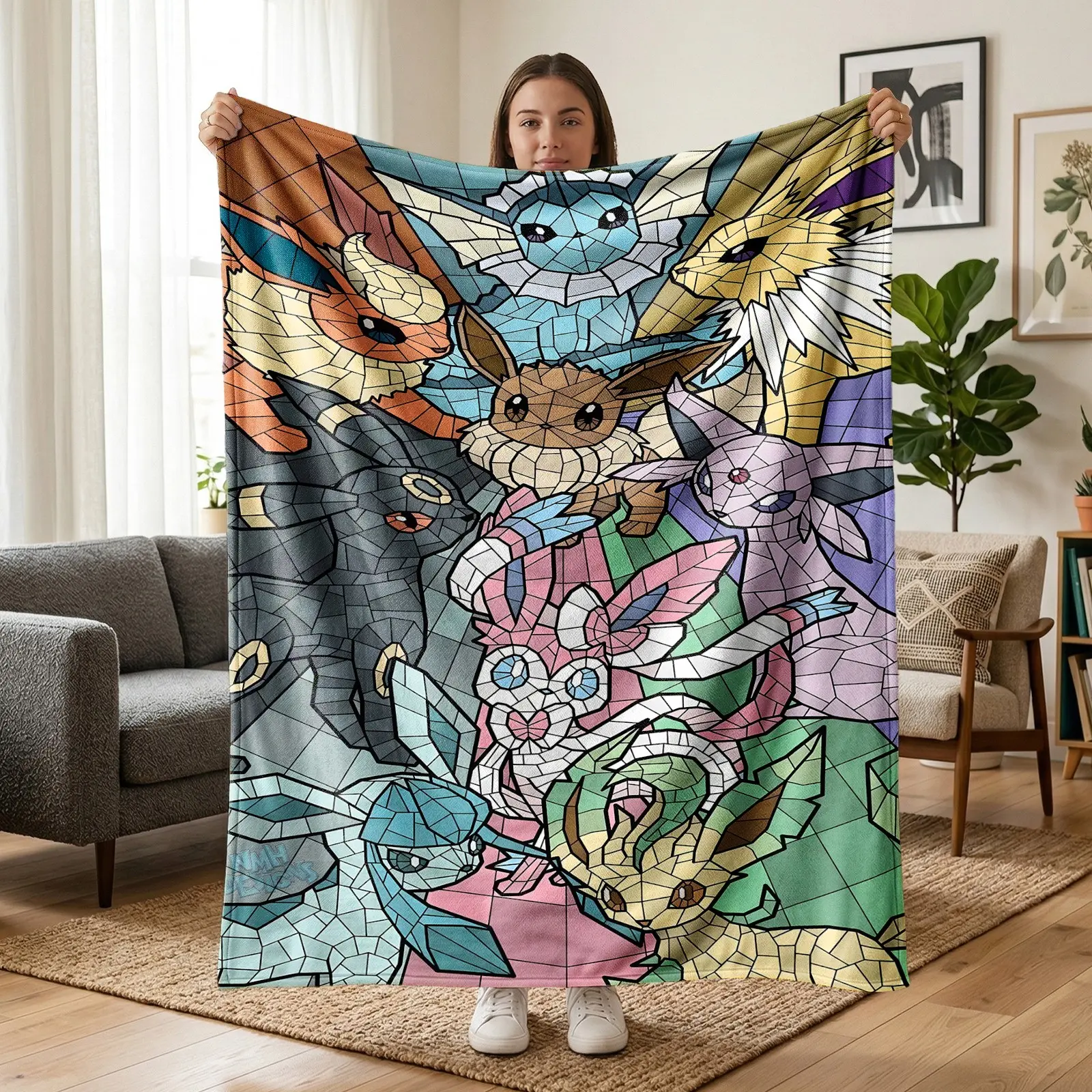 1pc Pokemon Eeveelutions Stained Glass Fleece Blanket, Mosaic Color Window All Eevee Evolutions Art Print. Soft Warm Throw for Sofa, Bed, Office, Camping Trip, Ideal Christmas Gift, Blanket Gifts