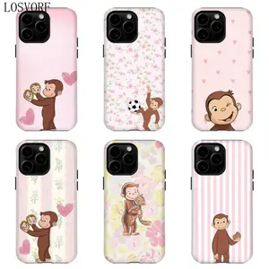 LOSVORF Curious George Pink Flower Phone Case |   Cute Cartoon Monkey Phone Cover for IPhone 17 Pro Max 16 15 14 13 12 11 for Samsung S21 S22 S23 S24 S25 Phone Case |   Curious George Heart Stripe Case