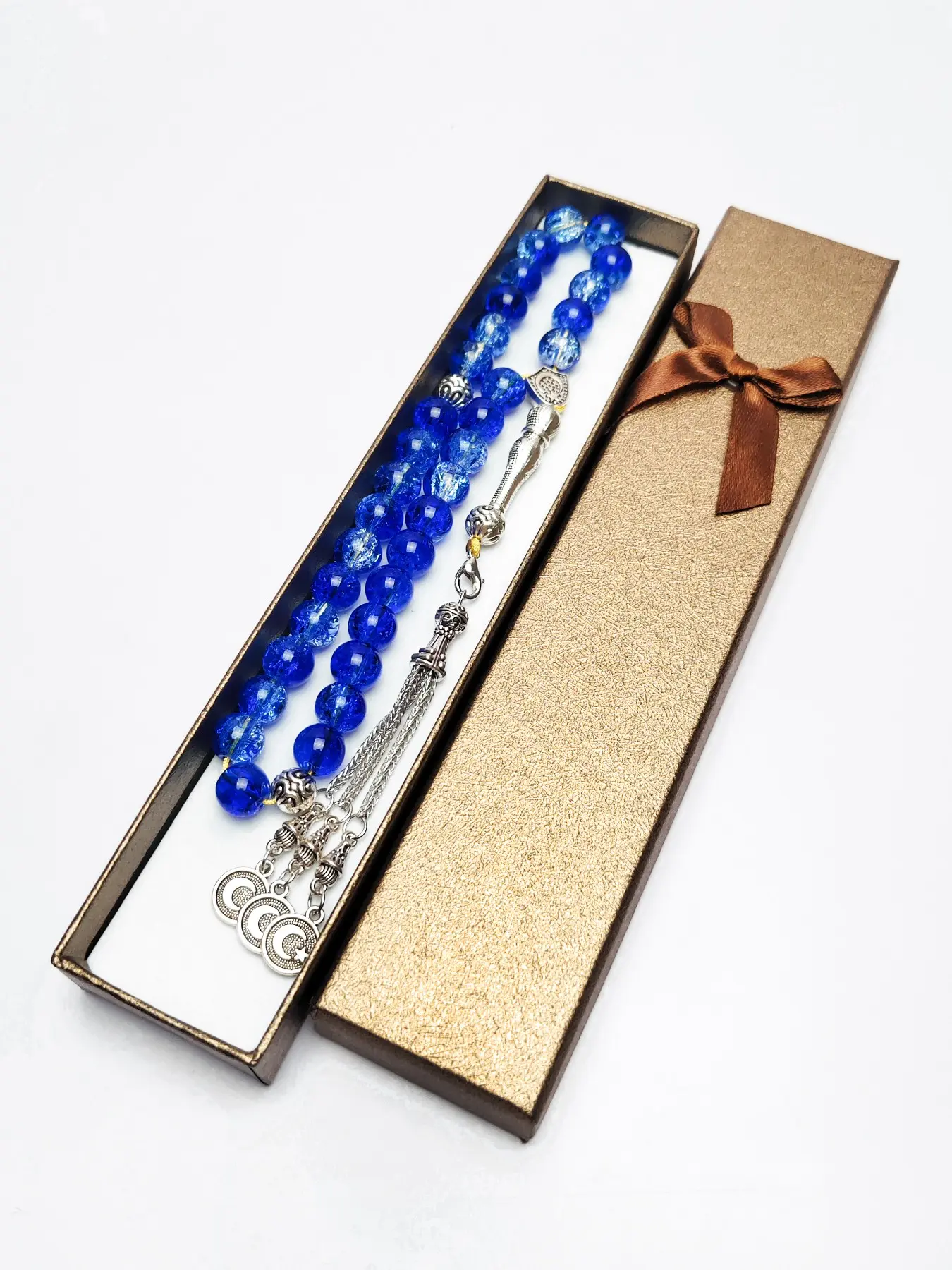 33 Beads 10mm Floral Glass Bracelet, Star Moon Pendant, Islamic Prayer Beads, Tasbih Counter, Ramadan Gift, Dual Blue Tone, Glass Beaded Bracelet