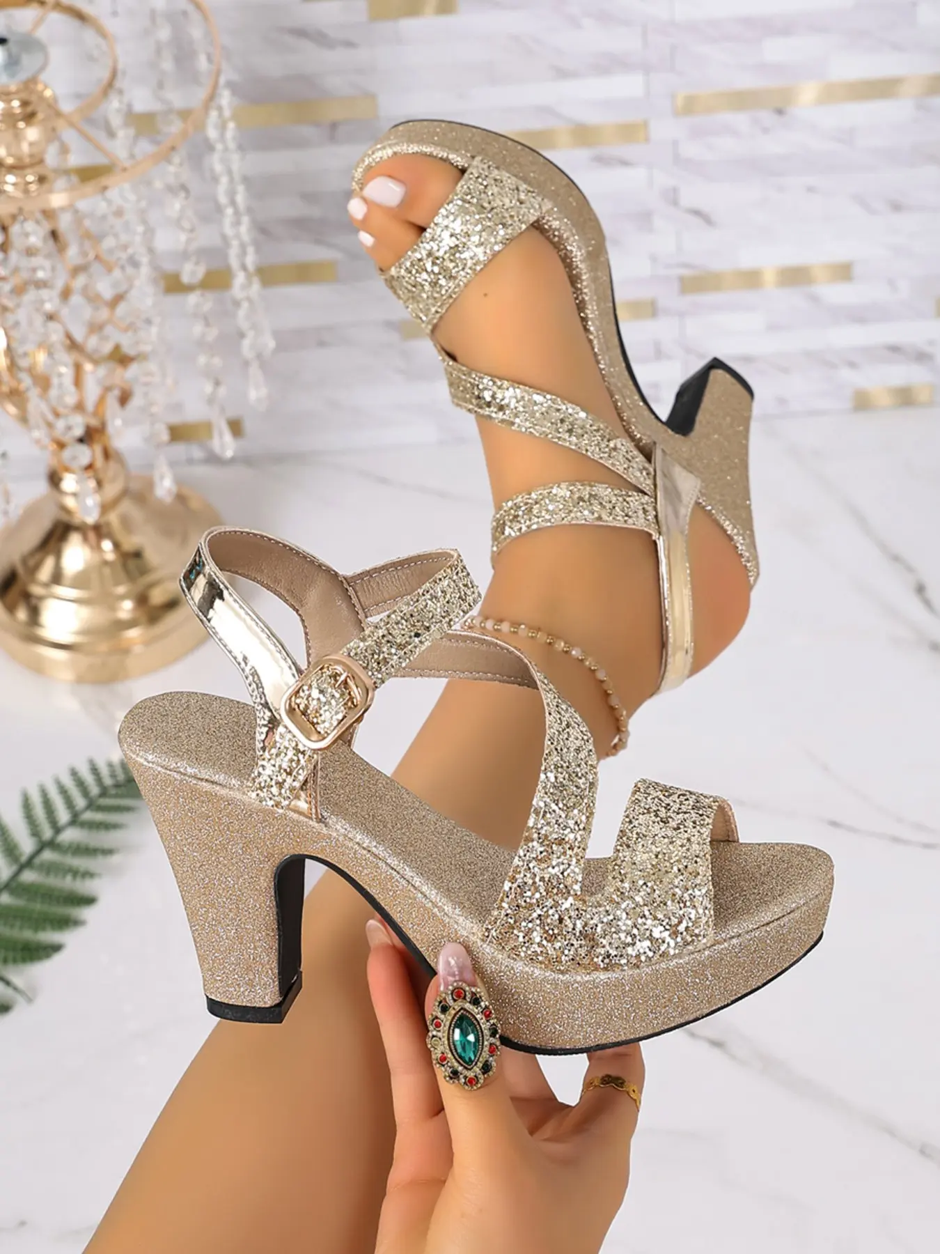 Women Open Toe Platform Block Heel Sandals Trendy All Over Glitter Two Strap Adjustable Buckle Ankle Strap High Heel Wedding Guest Prom Evening Party Outfits 1 Color Champagne Gold Glitter Heeled Sandals