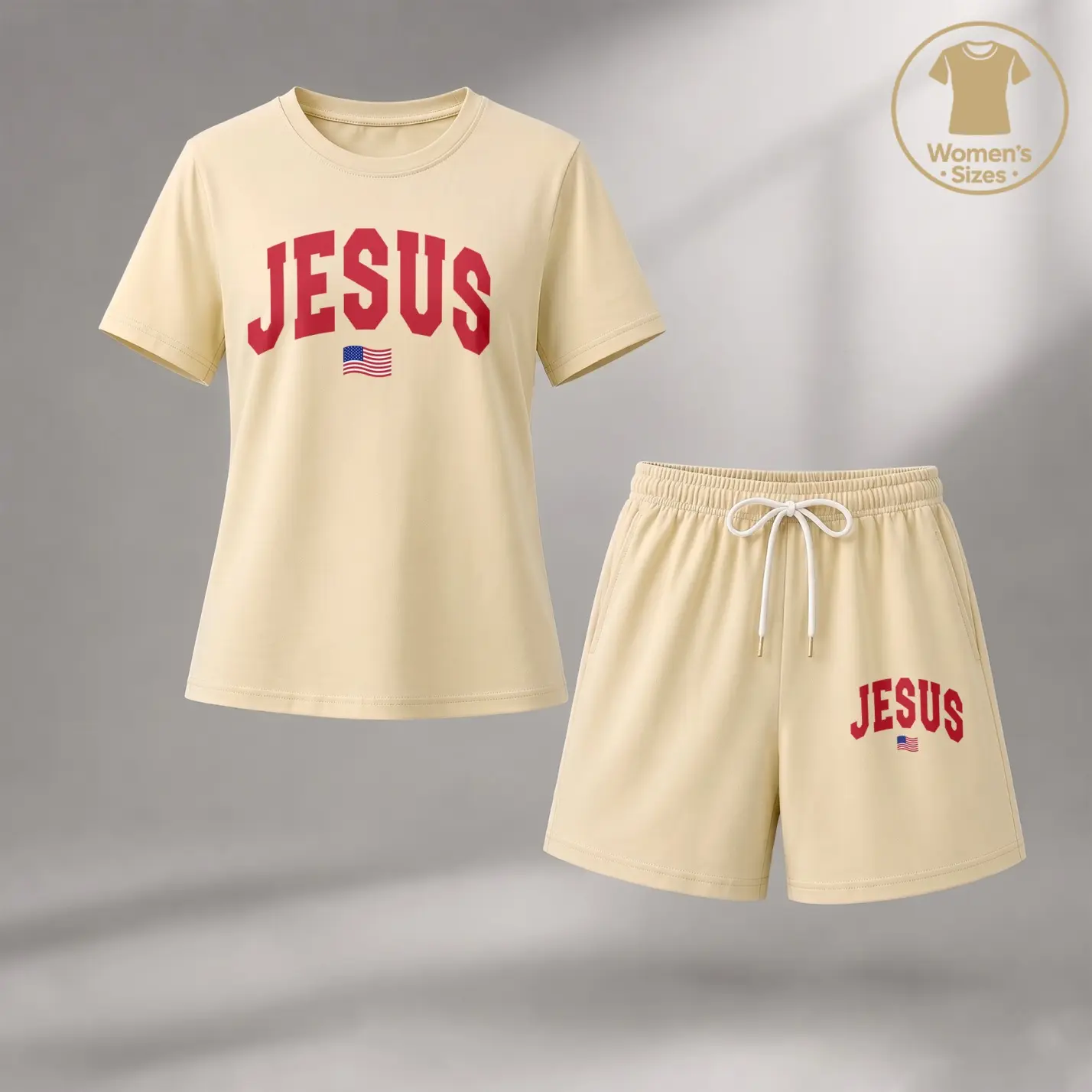 JESUS print women’s set featuring matching top and shorts design. Lightweight breathable fabric keeps you cool. Ideal for summer beach days, travel, holiday, cruise, or casual everyday wear with standout graphic appeal.