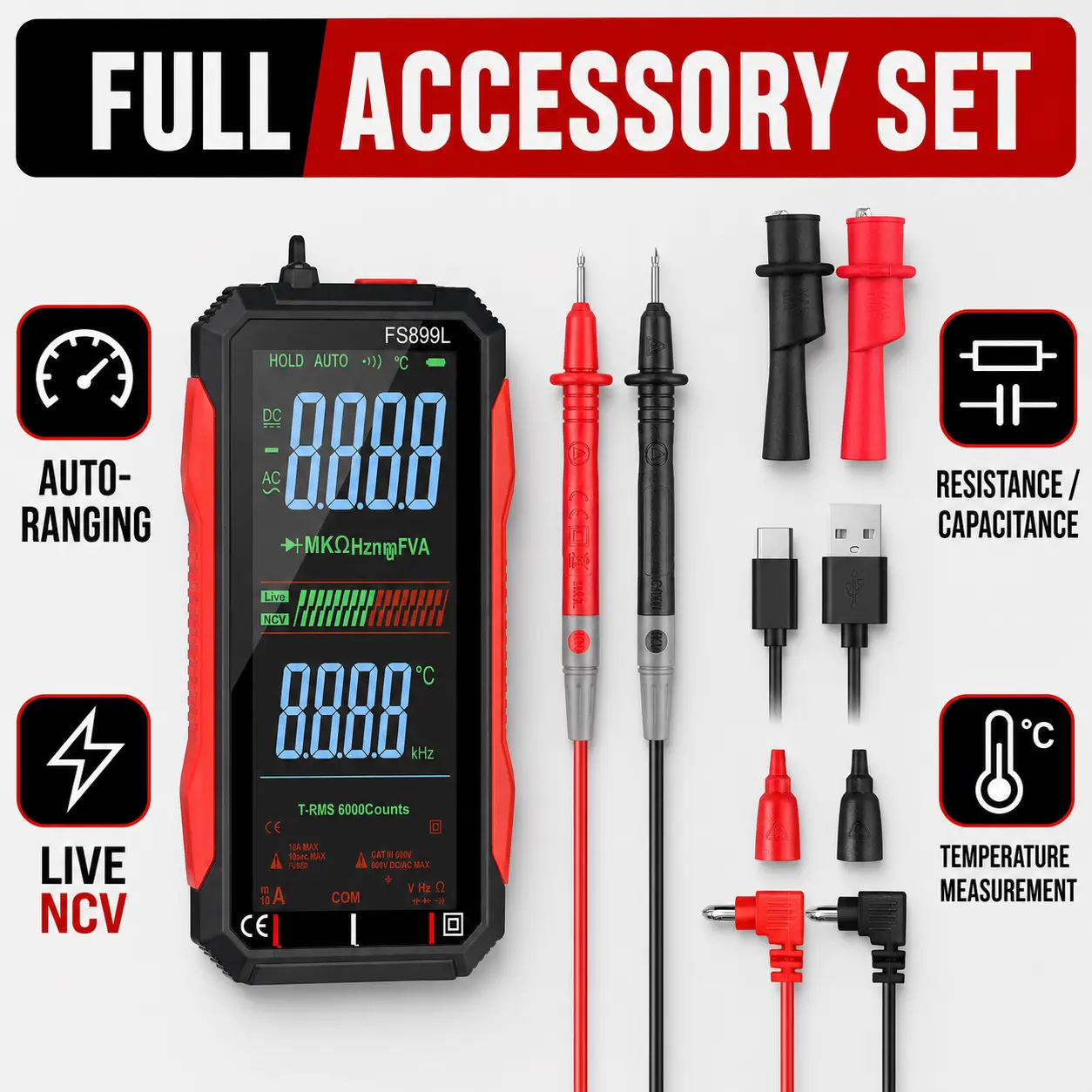 6000-Count Rechargeable Digital Smart Multimeter with Large Display and Auto Range, Electrical Diagnostic Tool for AC/DC Voltage, NCV, Resistance, Capacitance, Temperature, Continuity and Diode Testing